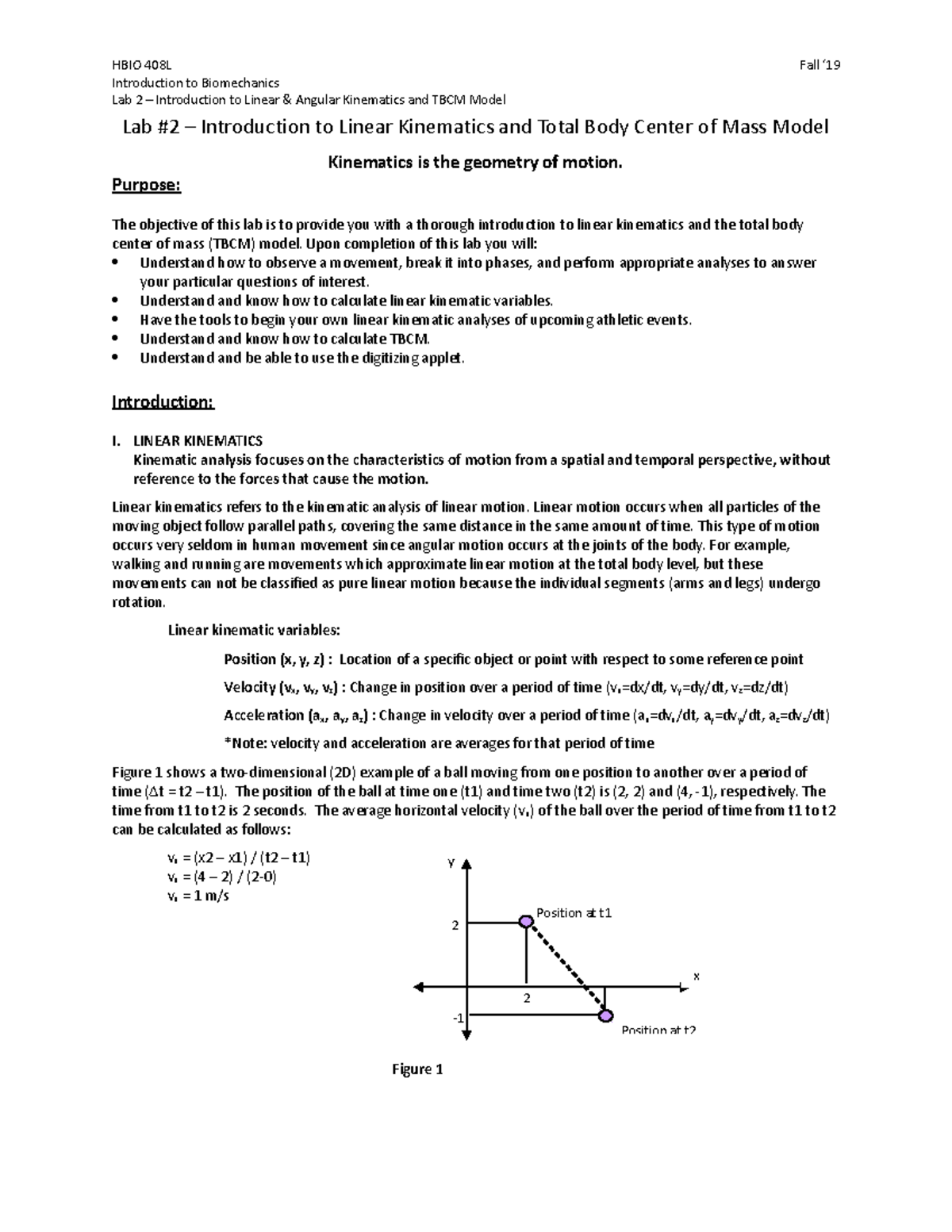 408 Lab 2 Linear Kinematics: Analyzing TBCM in Biomechanics F191 - Studocu