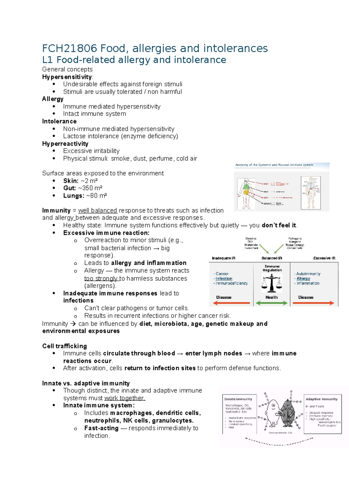 FCH21806 Food Allergies and Intolerances: Lecture Notes - Studeersnel