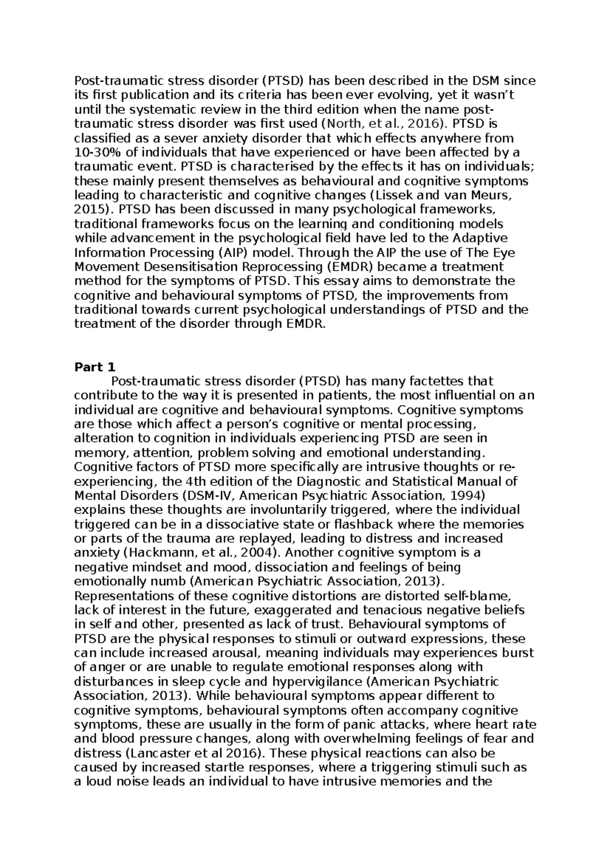 PTSD essay PSYC2500 - Semester One 2021, - Post-traumatic stress ...