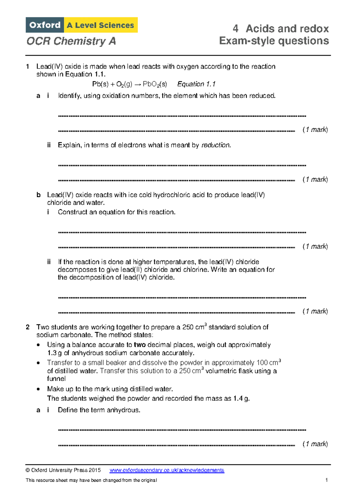OCR Chemistry A Acids and Redox Reaction Test Questions - Studocu