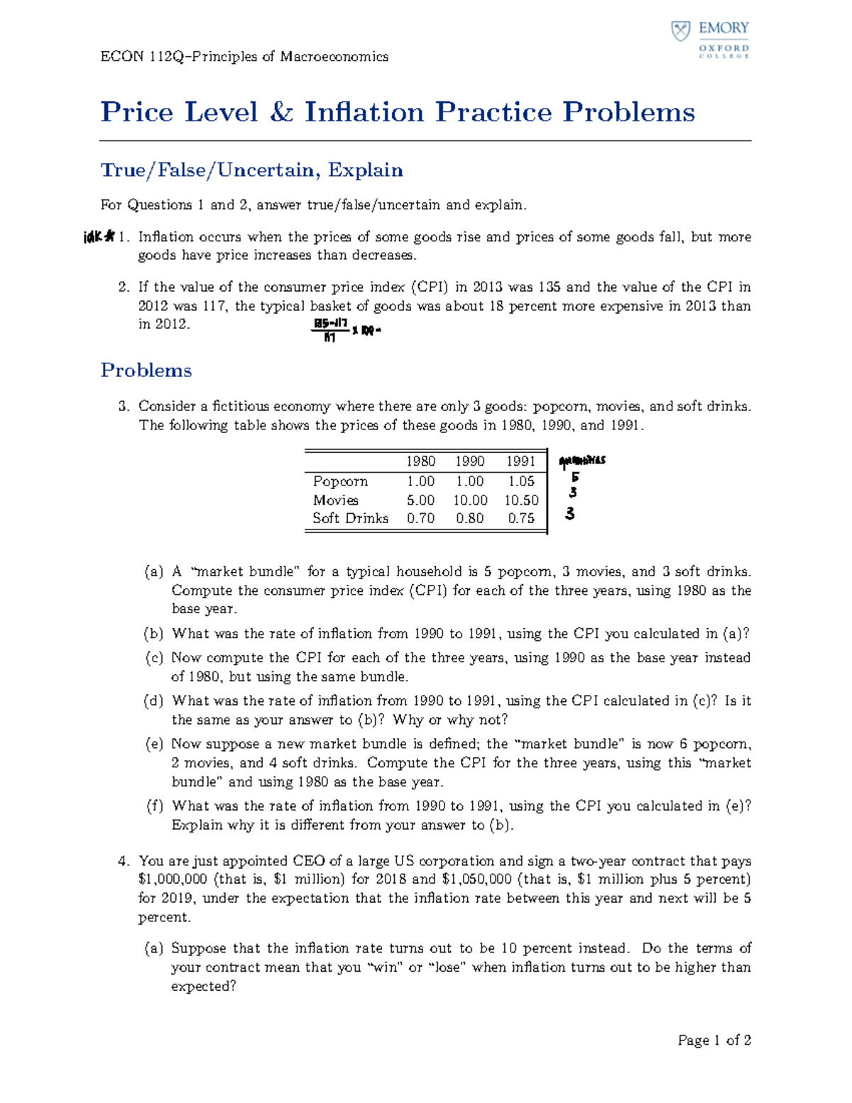 Price Level & Inflation Practice Problems (Econ 101) - Studocu