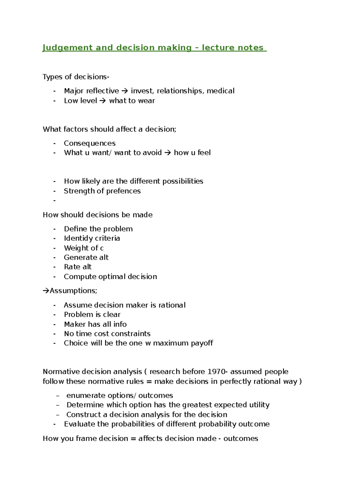 Judgement and Decision Making - Lecture Notes (PSY 201) - Studeersnel