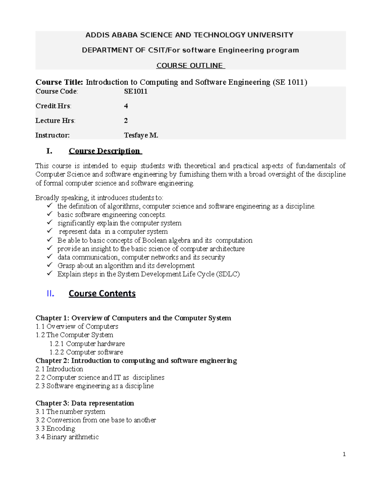 Introduction to Computing and Software Engineering SE 1011 Course ...