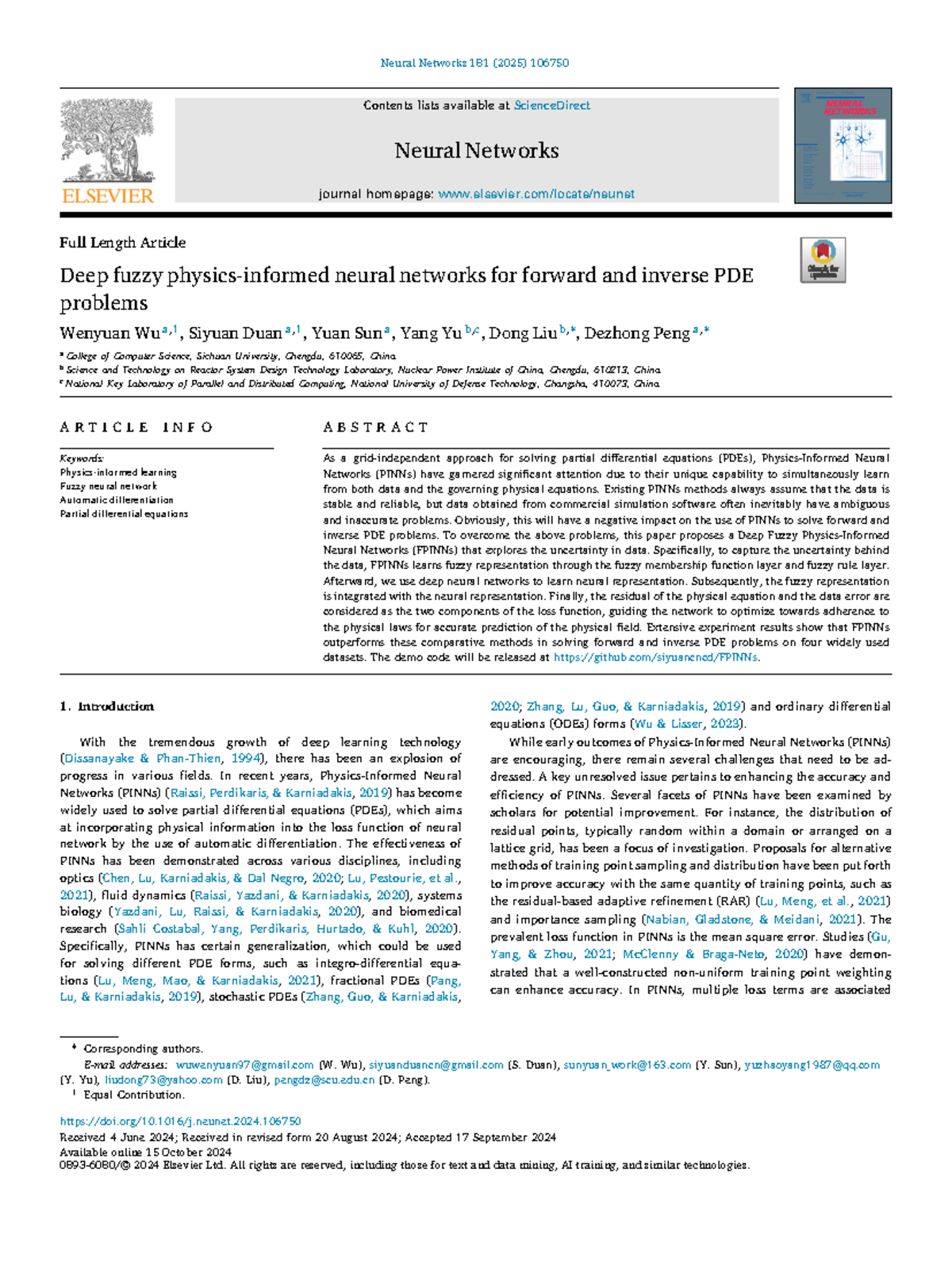 Deep Fuzzy Neural Networks for Forward and Inverse PDE Problems (181 ...