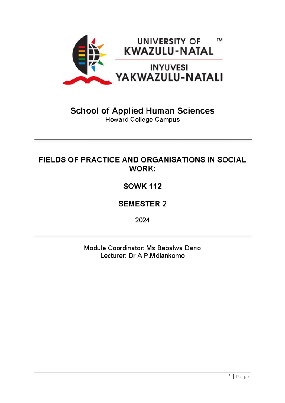 SOWK 112 Module Outline: Fields of Practice in Social Work 2024 - Studocu