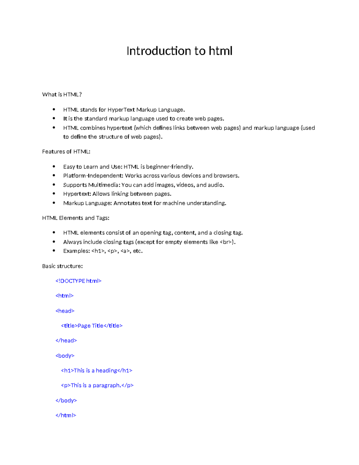 HTML Basics: Introduction to HyperText Markup Language (HTML) - Studocu