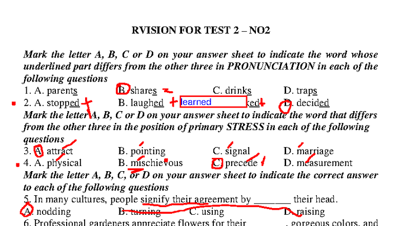 Revision FOR TEST 12- NO 2 - RVISION FOR TEST 2 – NO Mark the letter A ...