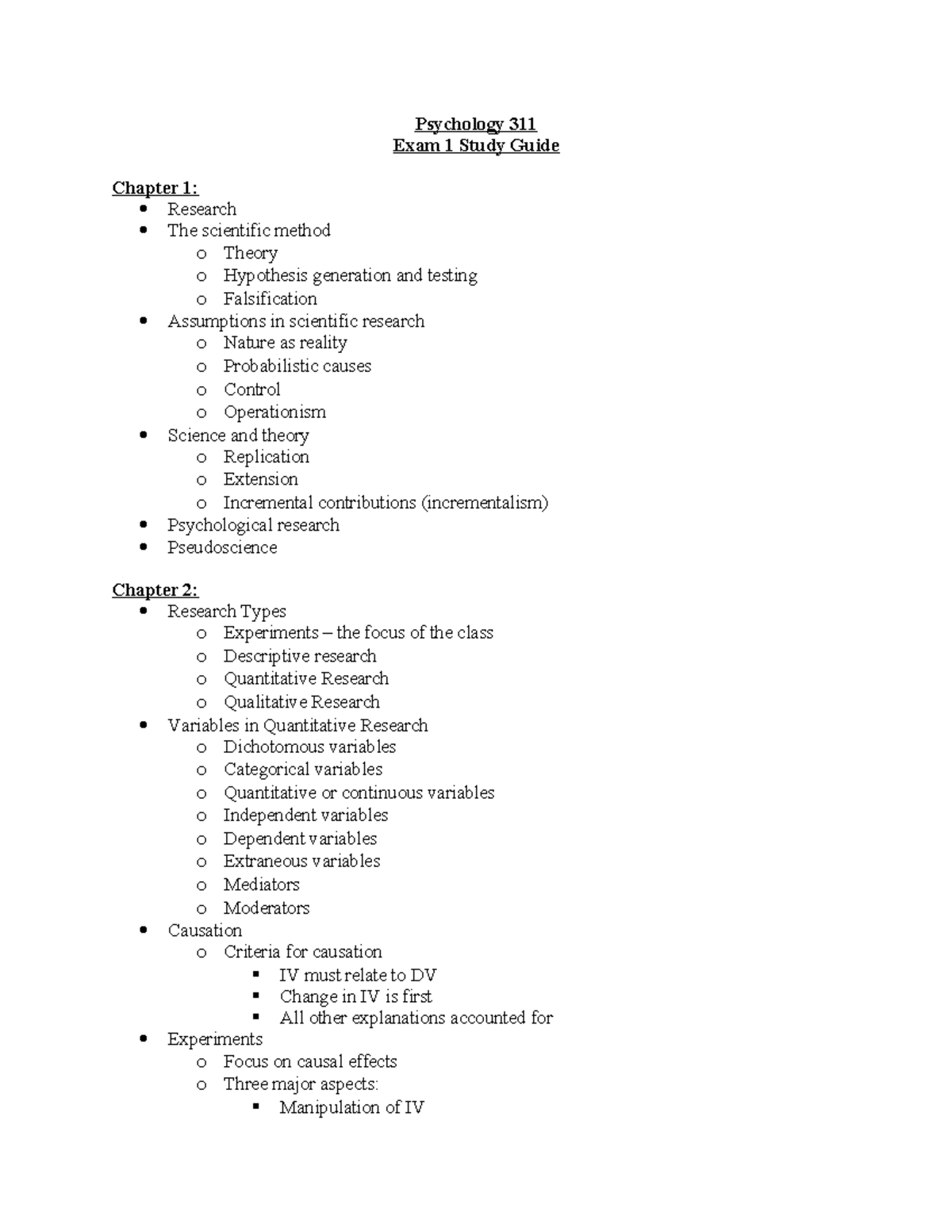 Psychology 311 Exam 1 Study Guide: Research Methods and Ethics ...