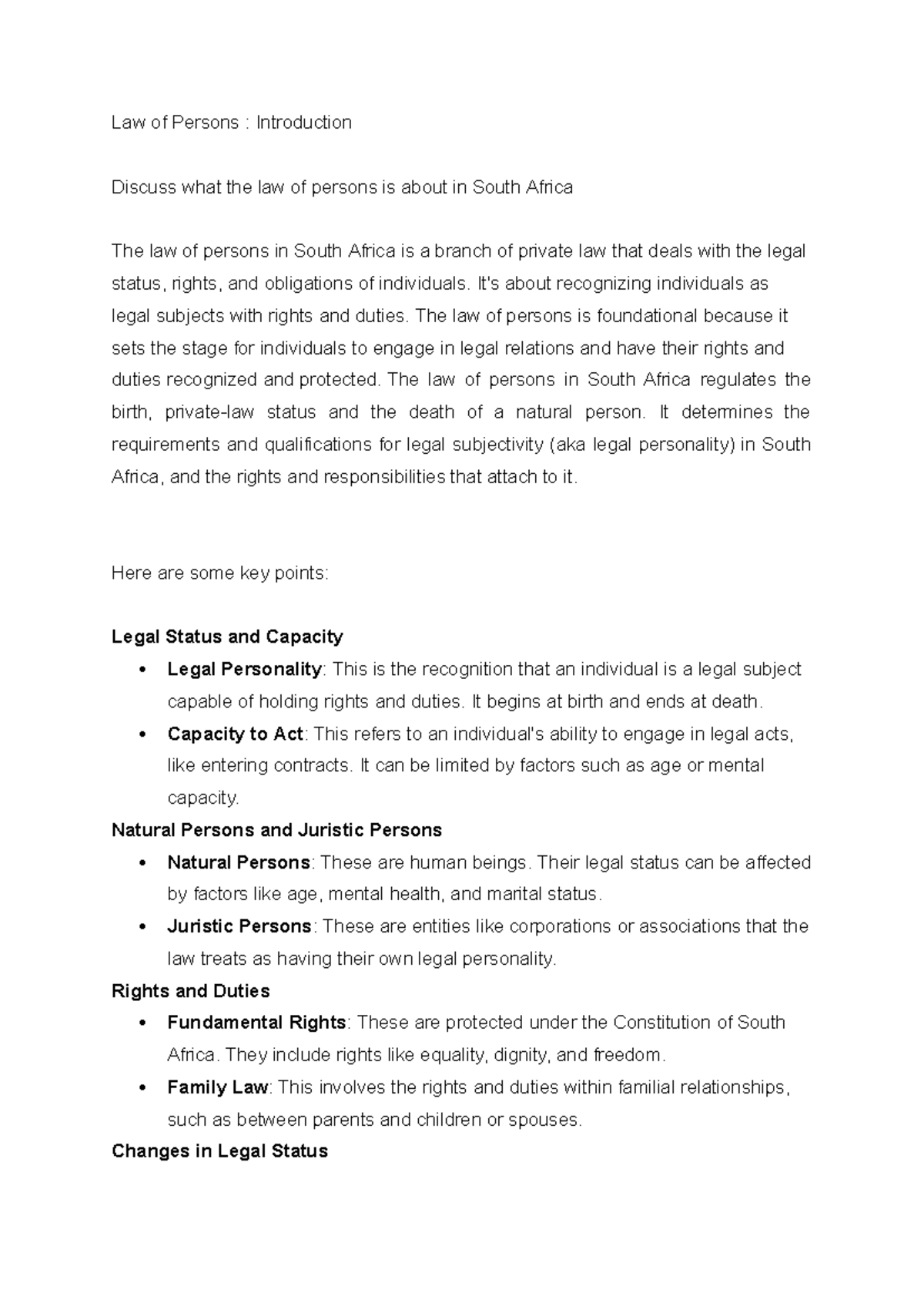 Law of Persons (Introduction) in South African Legal Context - Studocu