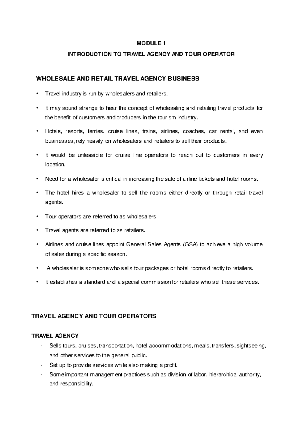 Module 1: Intro to Travel Agency & Tour Operator Lecture Notes - Studocu