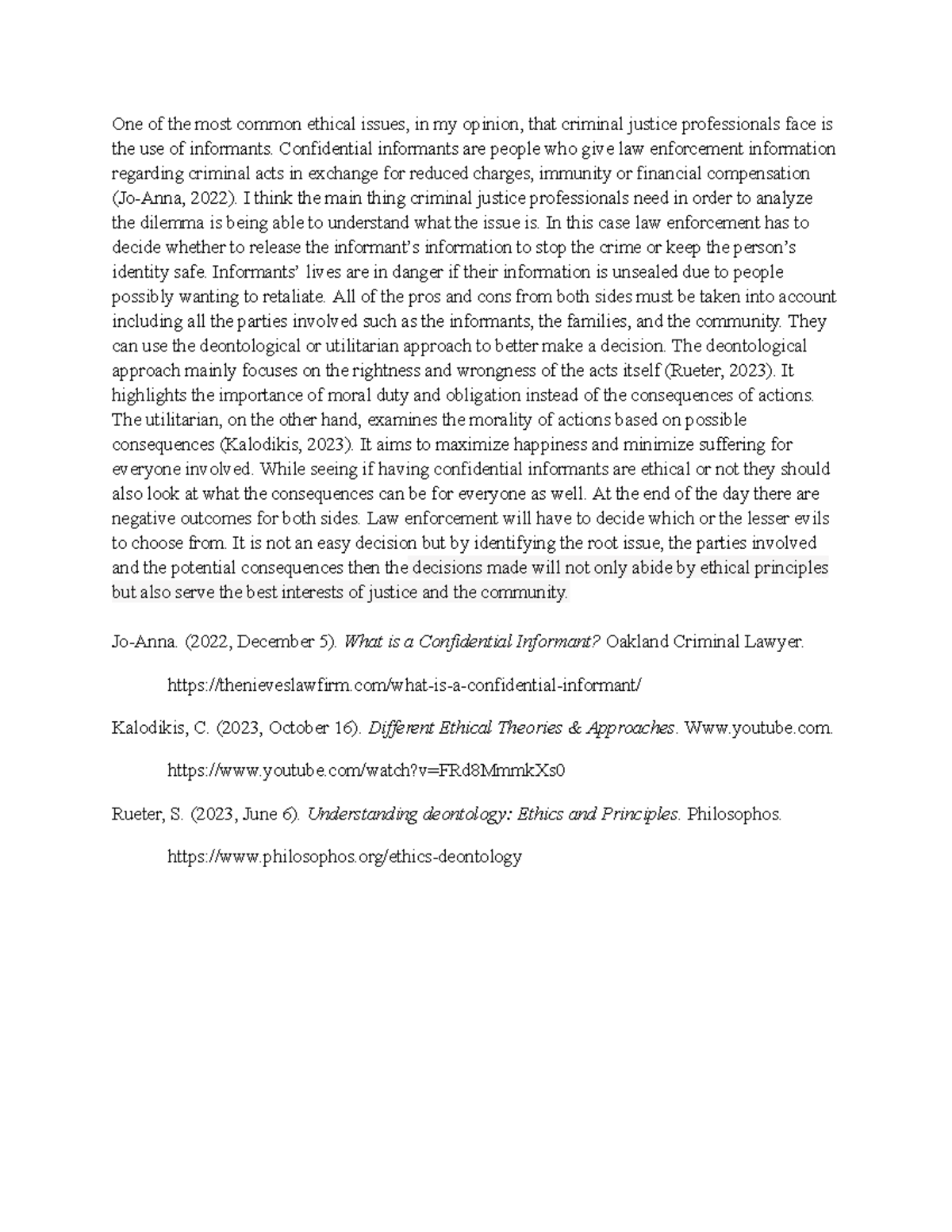 Ethical Dilemmas of Confidential Informants in Criminal Justice - Studocu
