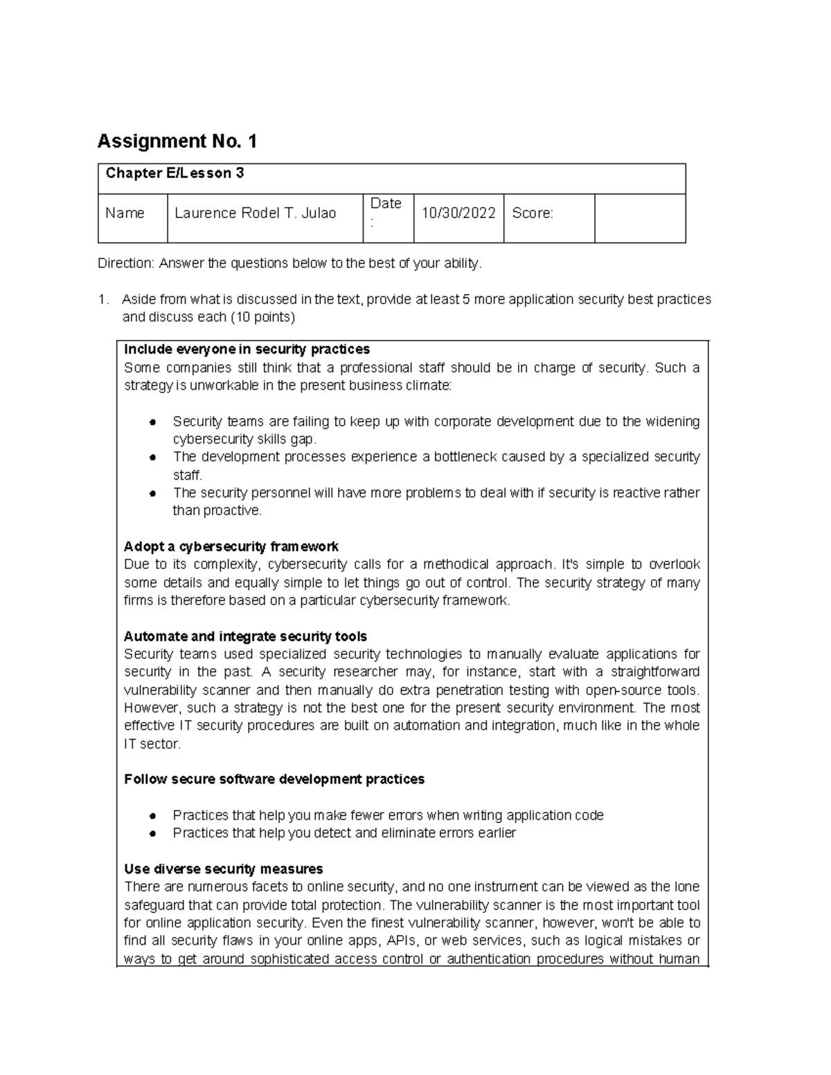 Assignment 1: Chapter 3 - Application Security Best Practices - Studocu