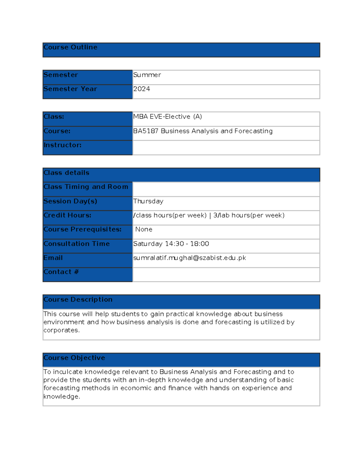 Business Analysis and Forecasting - Course Outline Semester Summer ...