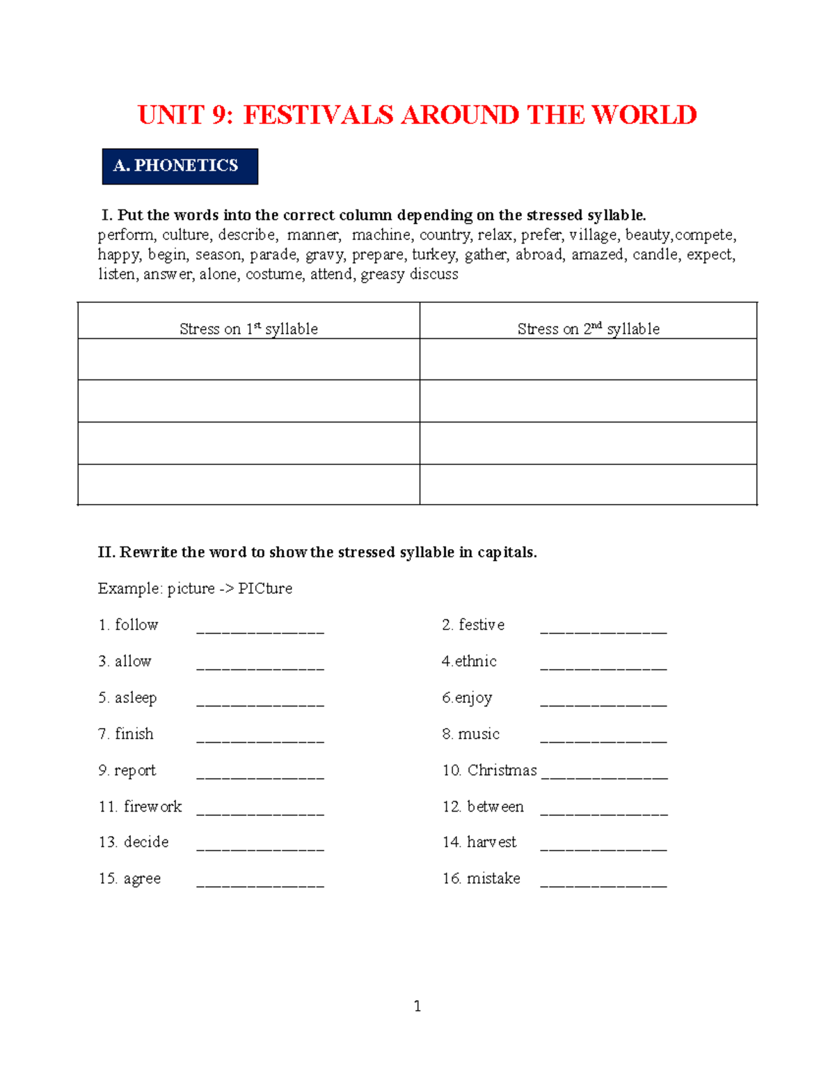 UNIT 9: FESTIVALS AROUND THE WORLD - PHONETICS & GRAMMAR EXERCISES ...