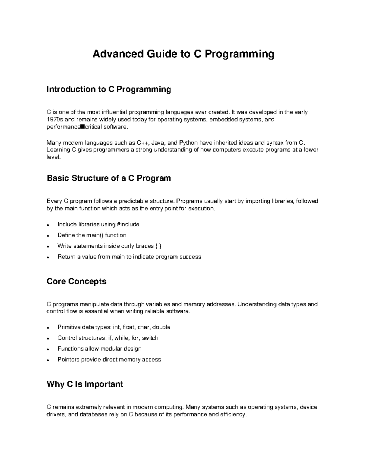 Advanced C Programming Guide: Key Concepts and Structure - Studocu