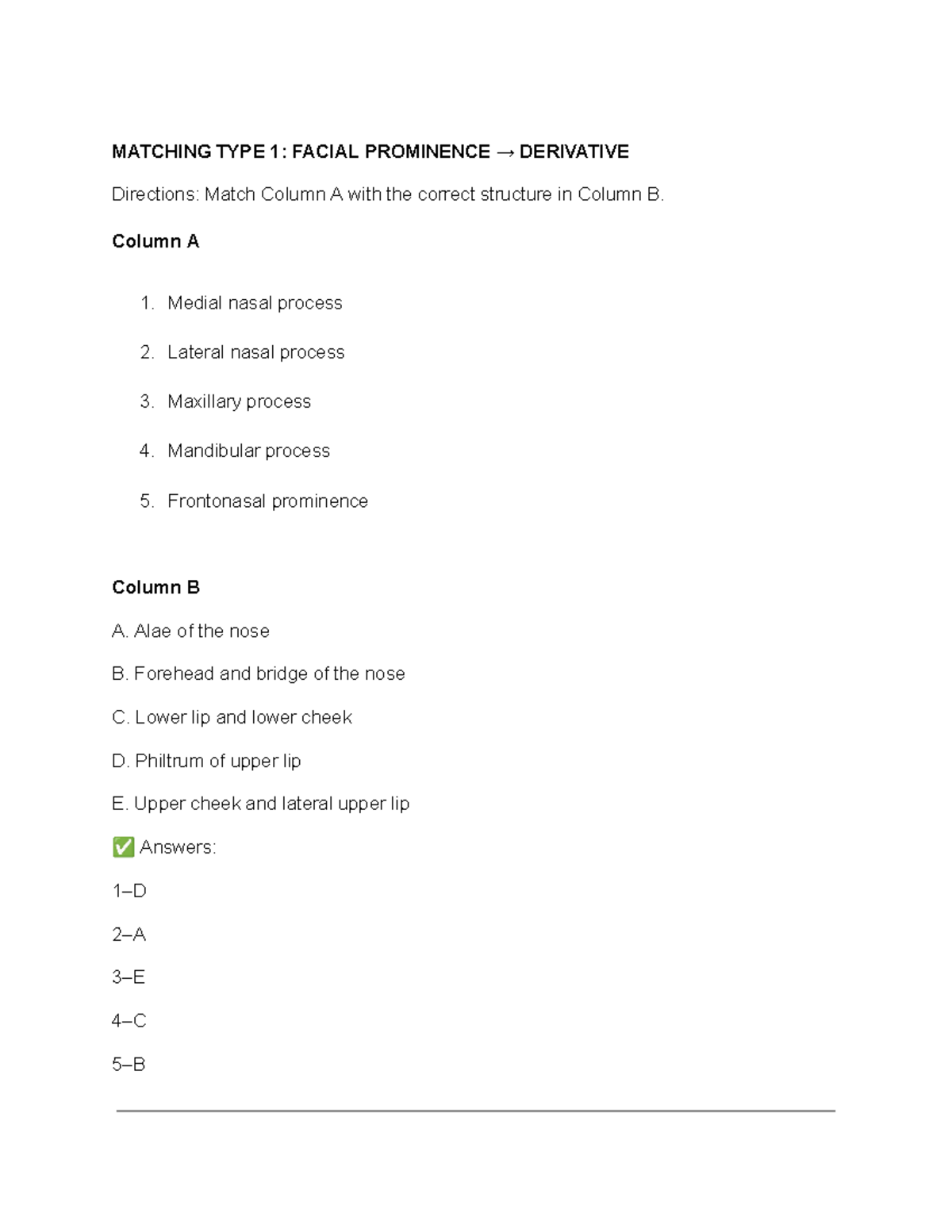 MATCHING TYPE NOTES: FACIAL PROMINENCE & STRUCTURE FUNCTIONS - Studocu