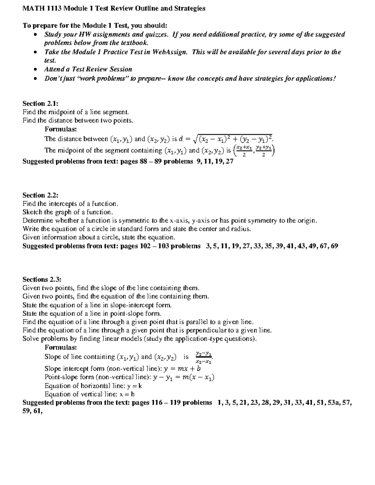 MATH 1113 Module 1 Test Review: Key Concepts & Practice Problems - Studocu