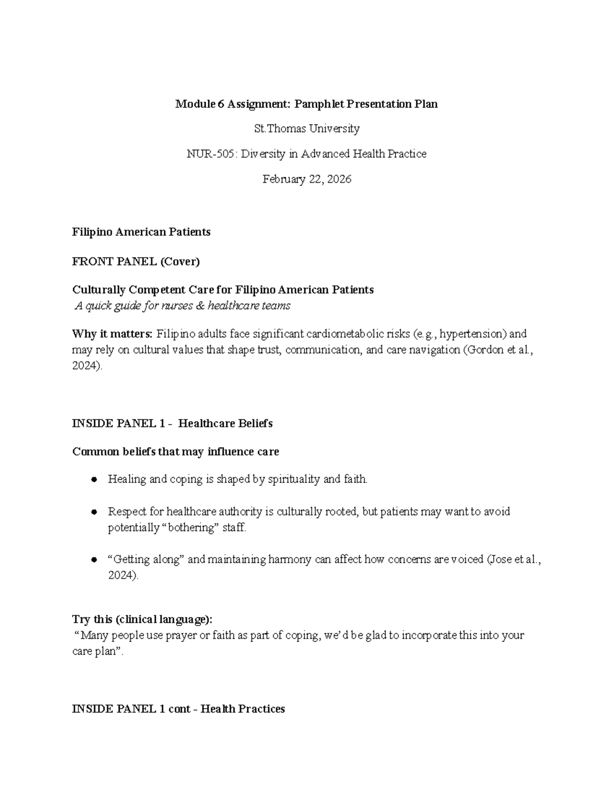 Module 6 Assignment: Pamphlet Presentation Plan on Culturally Competent ...