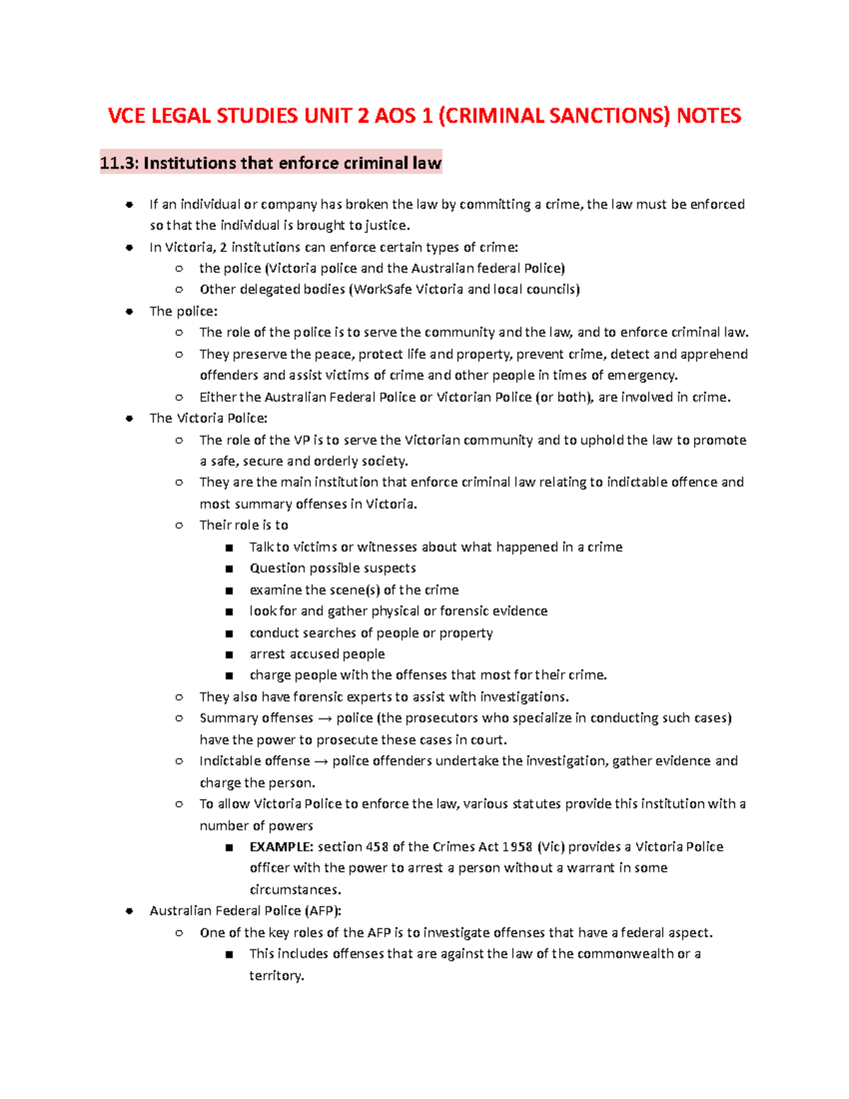 VCE Legal Studies Unit 2 AOS 1: Criminal Law Enforcement Institutions ...