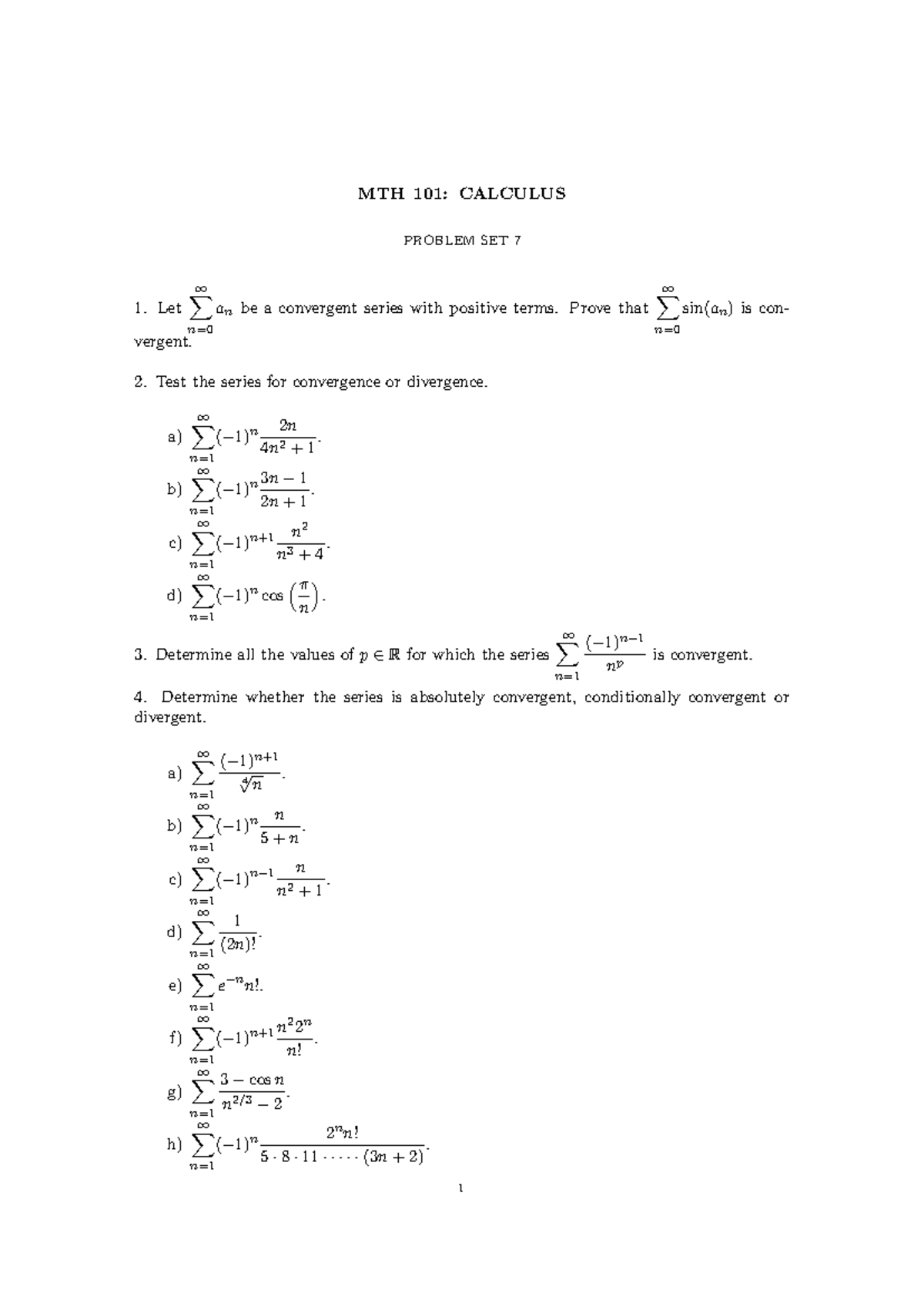 MTH 101: Calculus Problem Set 7 - Convergence Tests and Series - Studocu