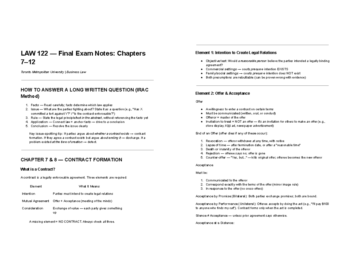 LAW 122 Final Exam Notes: Legal Principles and Contract Law - Studocu