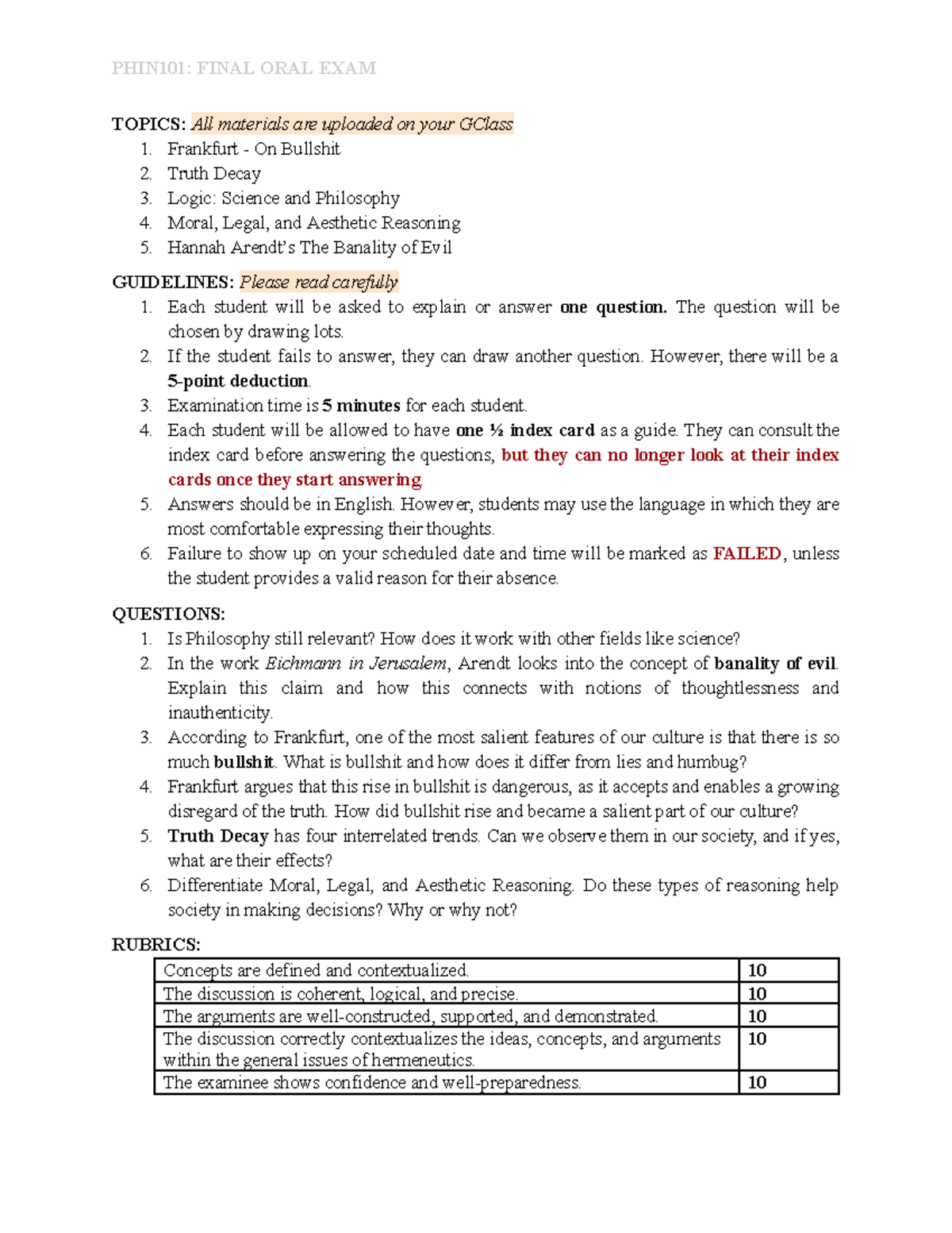 PHIN101: Final Oral Exam Topics on Truth Decay and Reasoning - Studocu