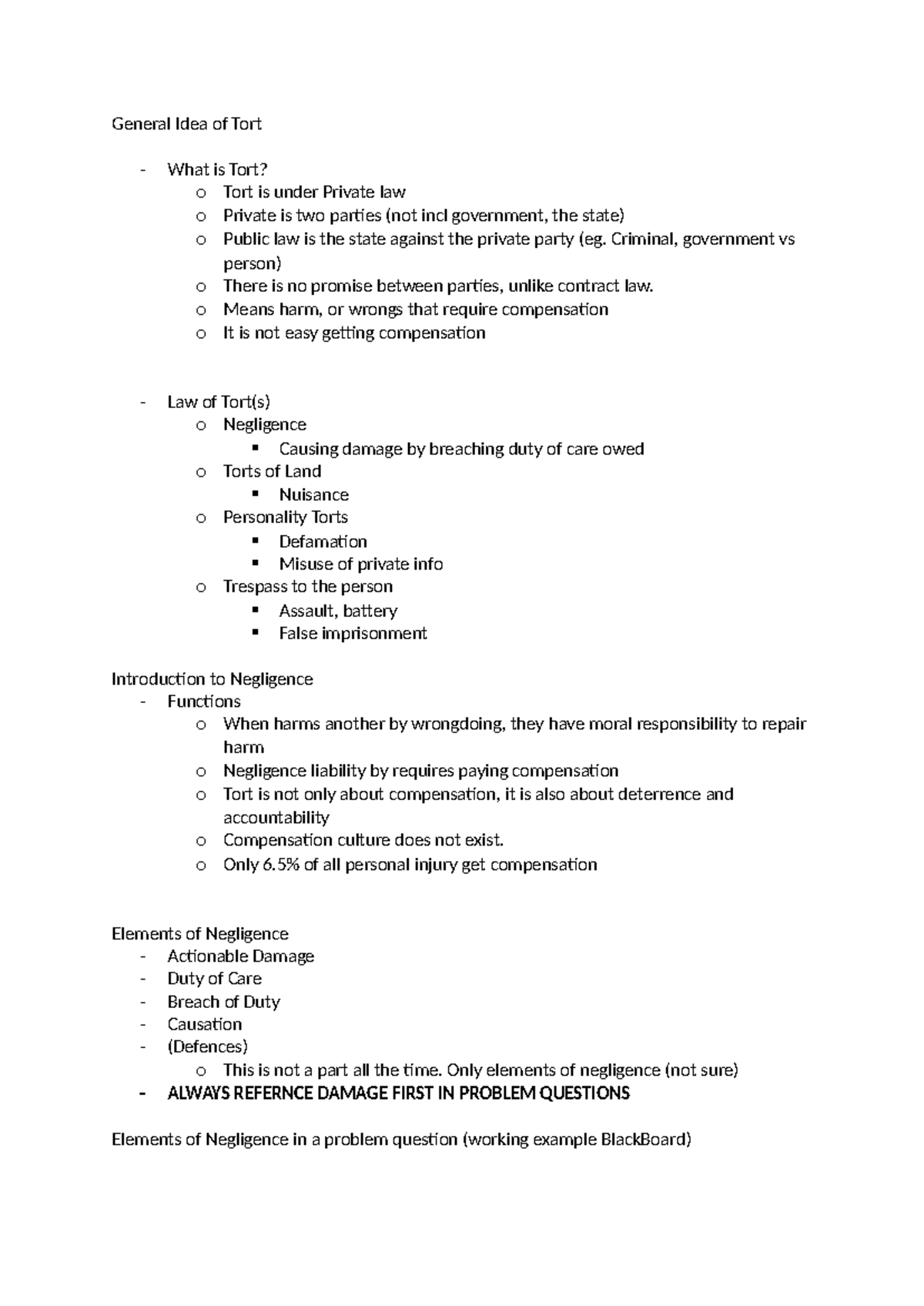Negligence Overview: Key Concepts and Case Law - LEC 1 & 2 Notes - Studocu