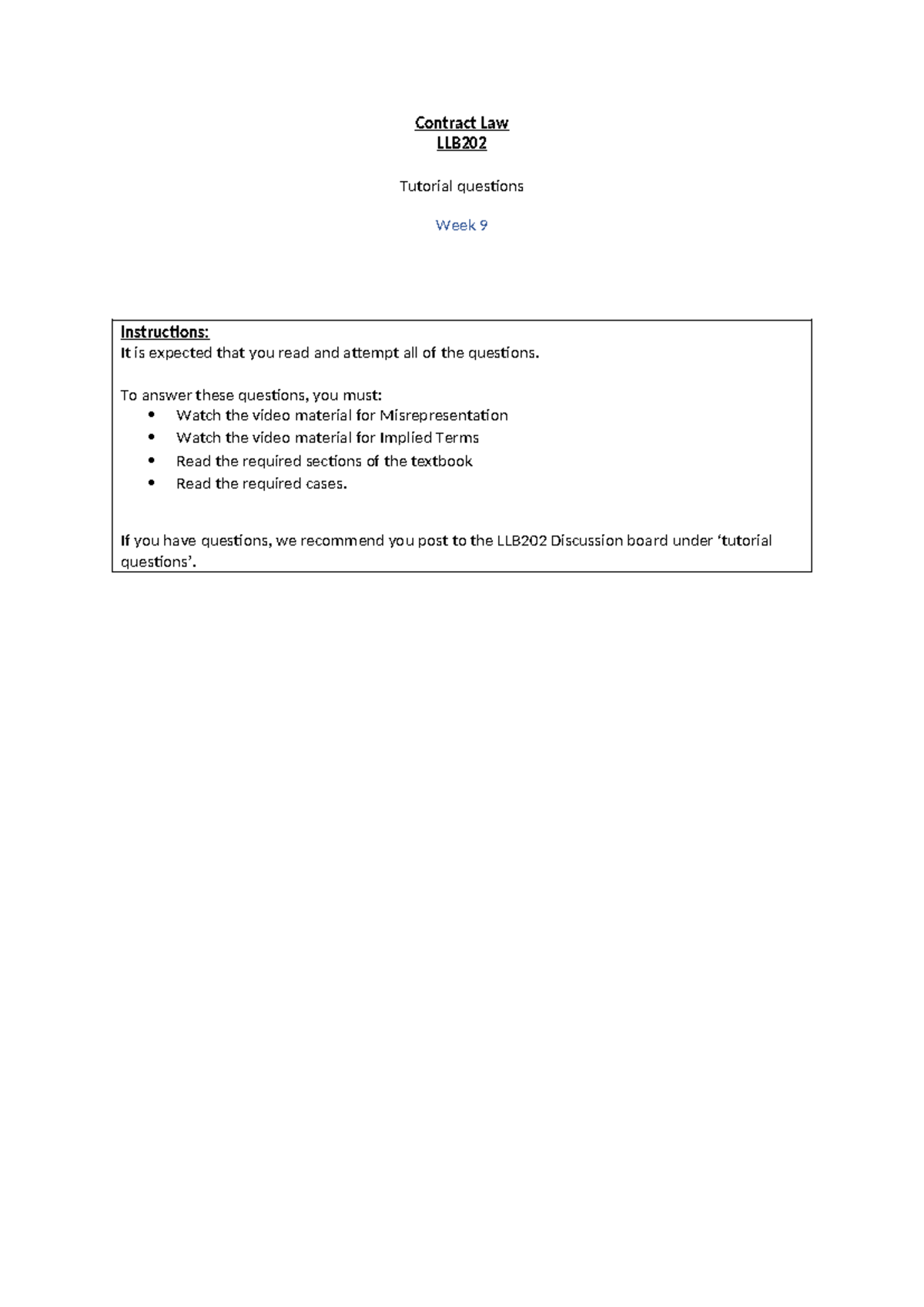 LLB202 Contract Law Week 9 Tutorial Questions and Analysis - Studocu
