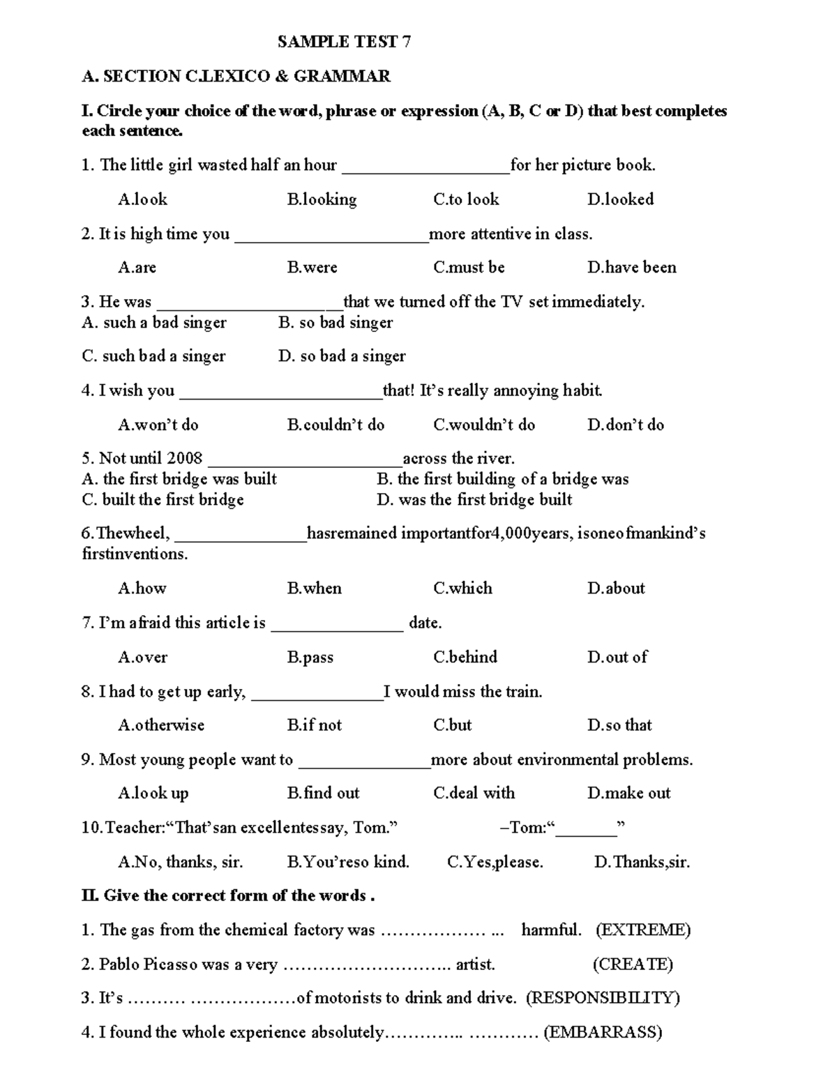 CC TEST 7 - Practice Test on Lexico Grammar and Reading Skills - Studocu