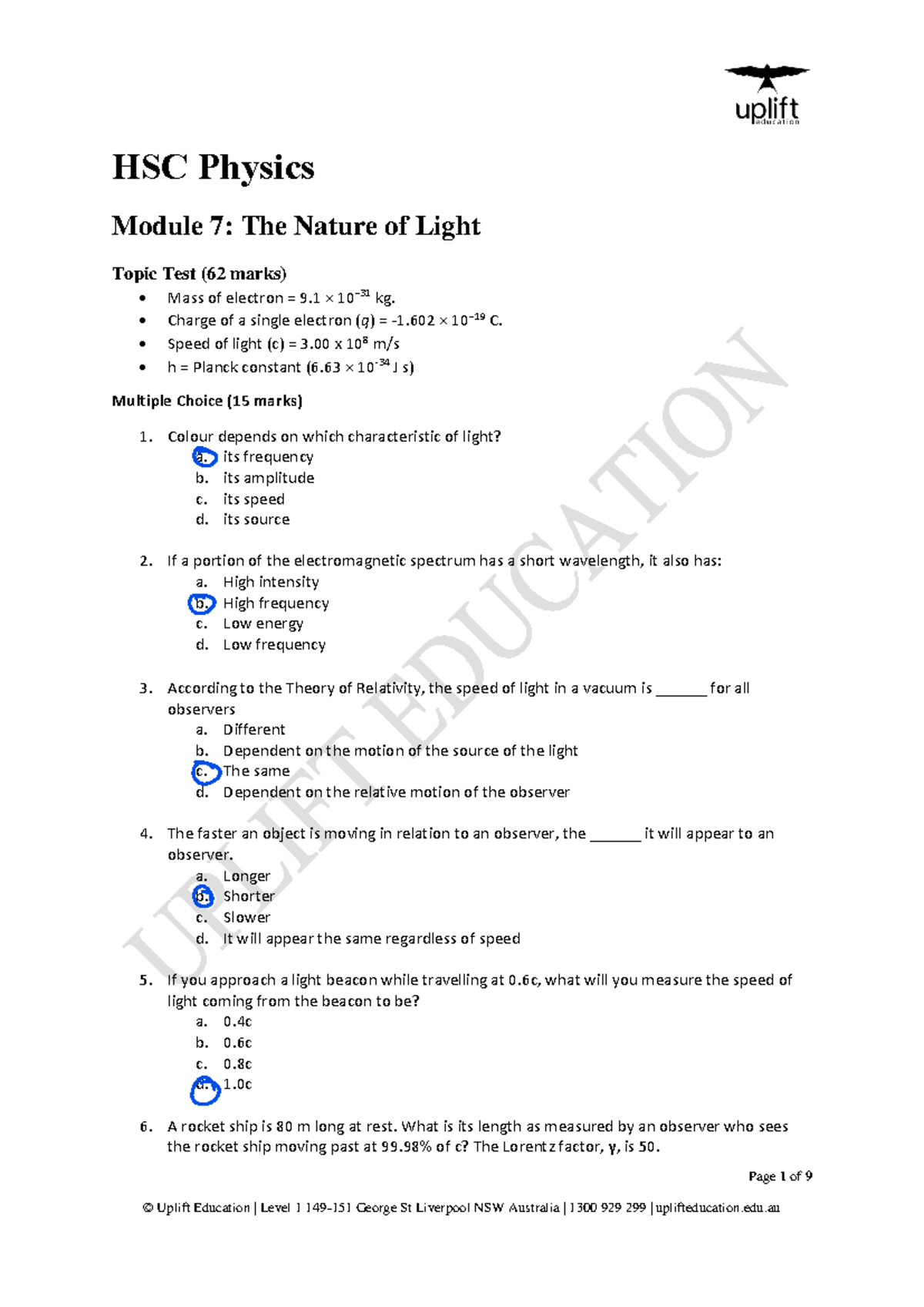 HSC Physics Module 7 The Nature of Light Topic Test - Charge of a ...