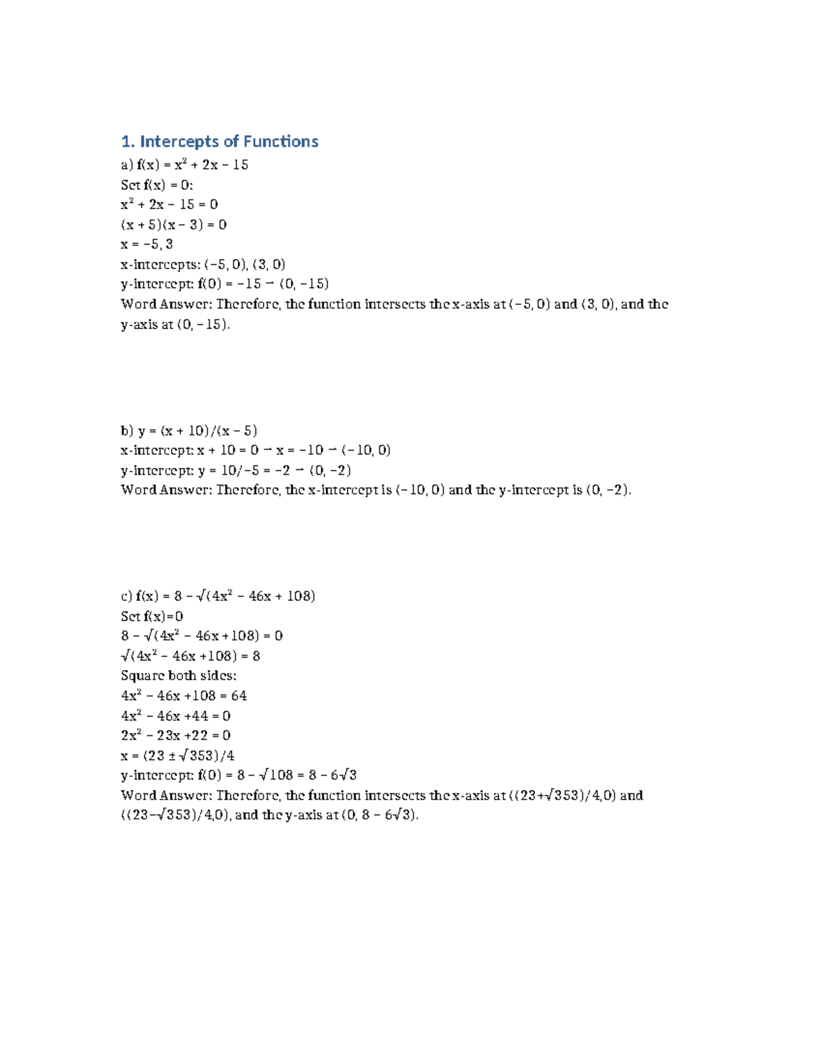 Math 101: Sketching Assignment on Function Intercepts and Domains - Studocu