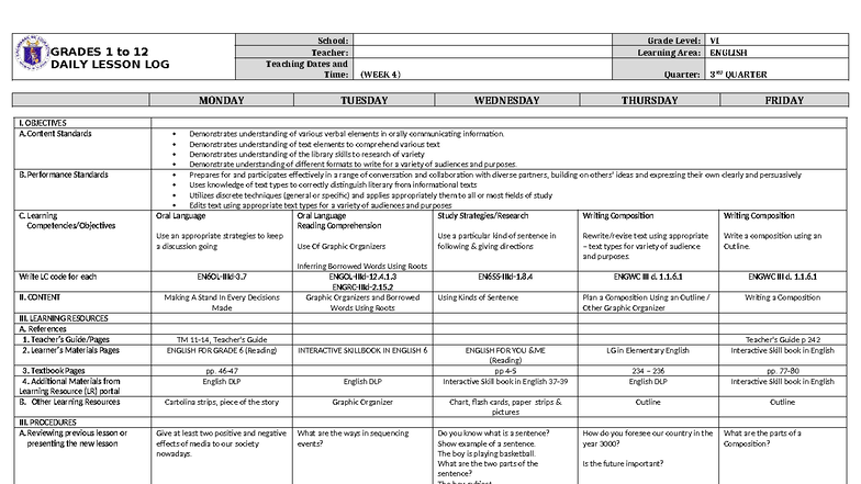 English DLL for Grades 1-12: Daily Lesson Log Overview - Studocu