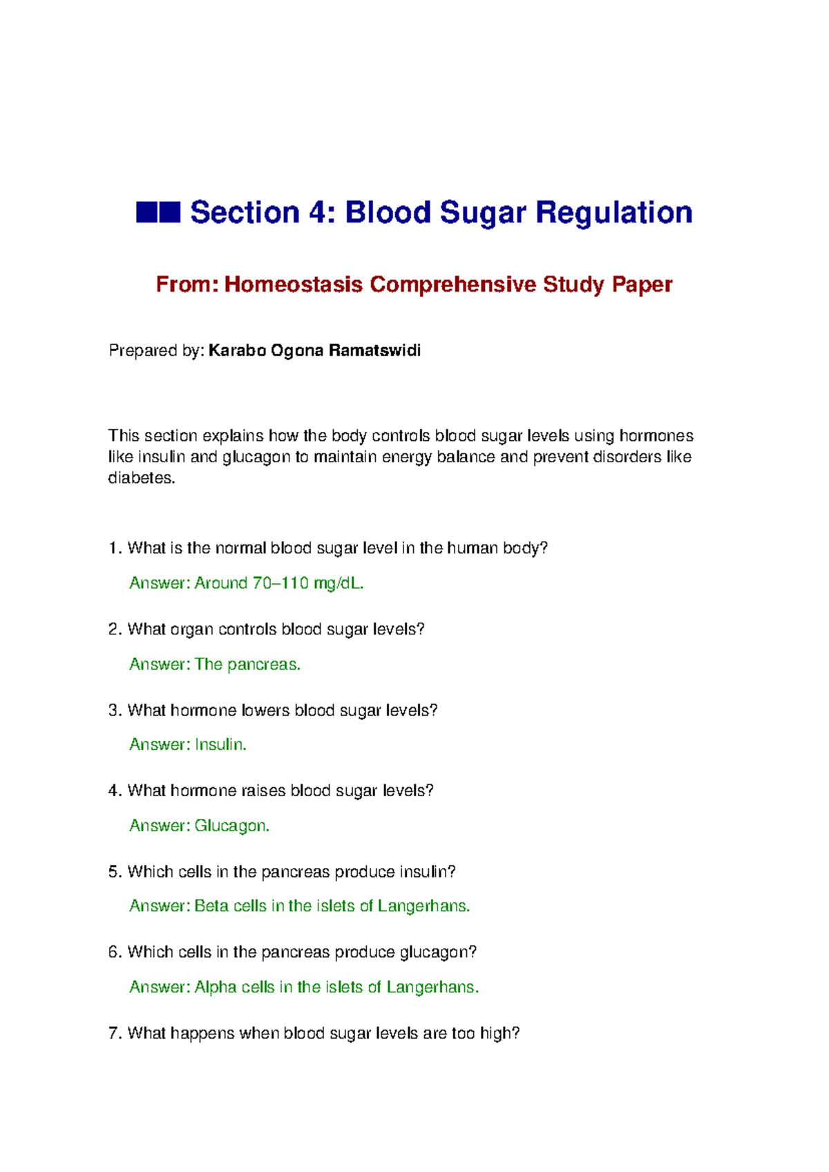 Homeostasis Study: Section 4 - Blood Sugar Regulation Insights - Studocu