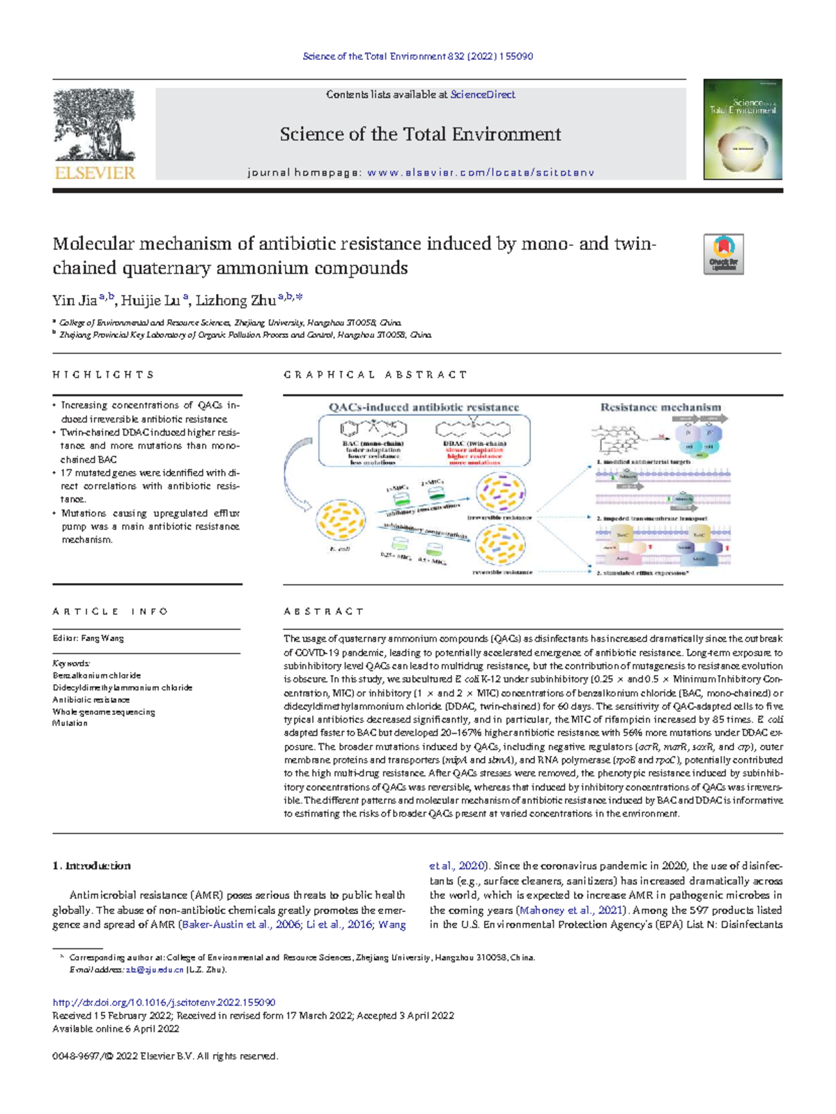 Molecular Mechanisms of Antibiotic Resistance Induced by QACs (ENV 832 ...