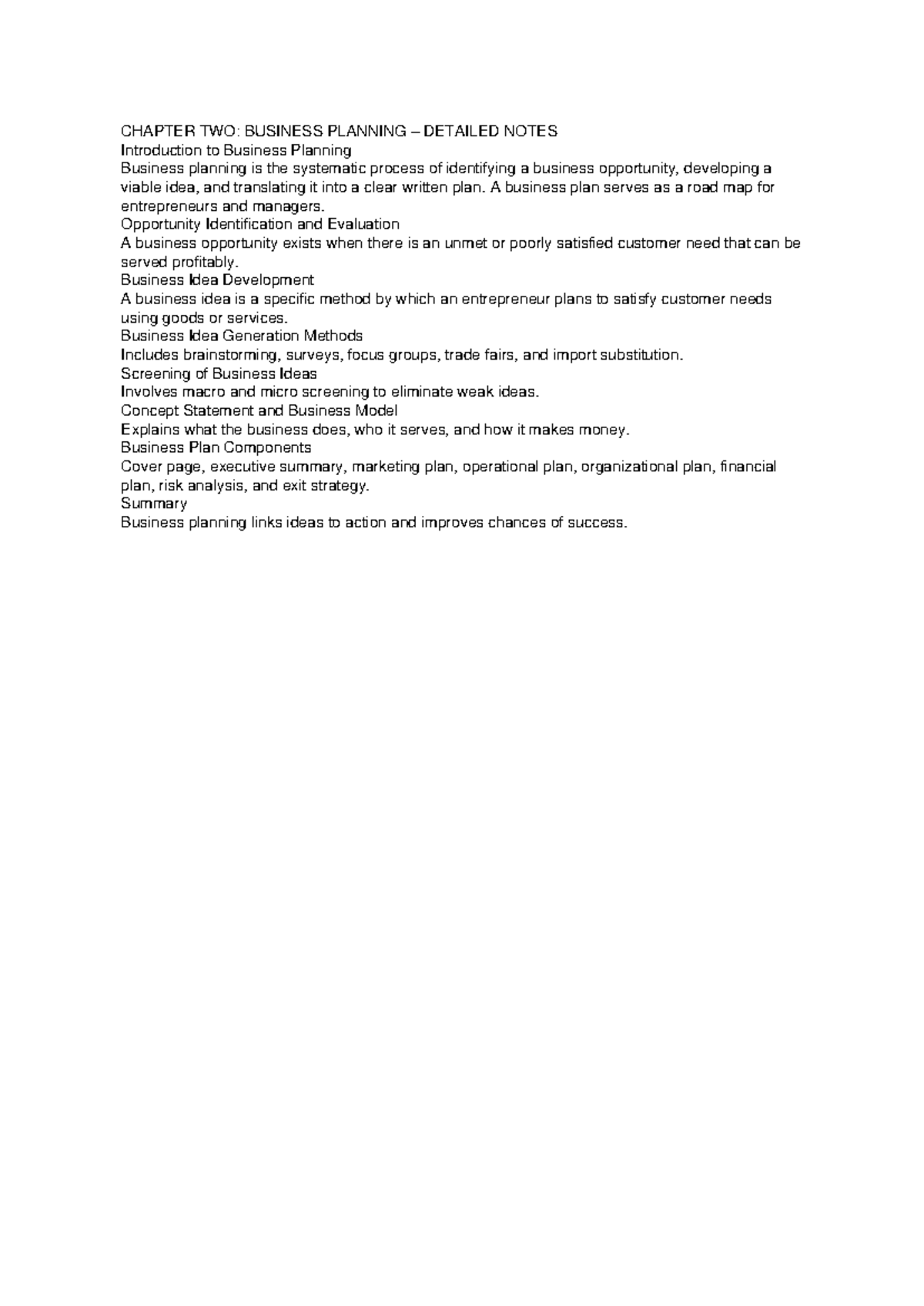 BUS 101: Chapter 2 - Detailed Notes on Business Planning - Studocu