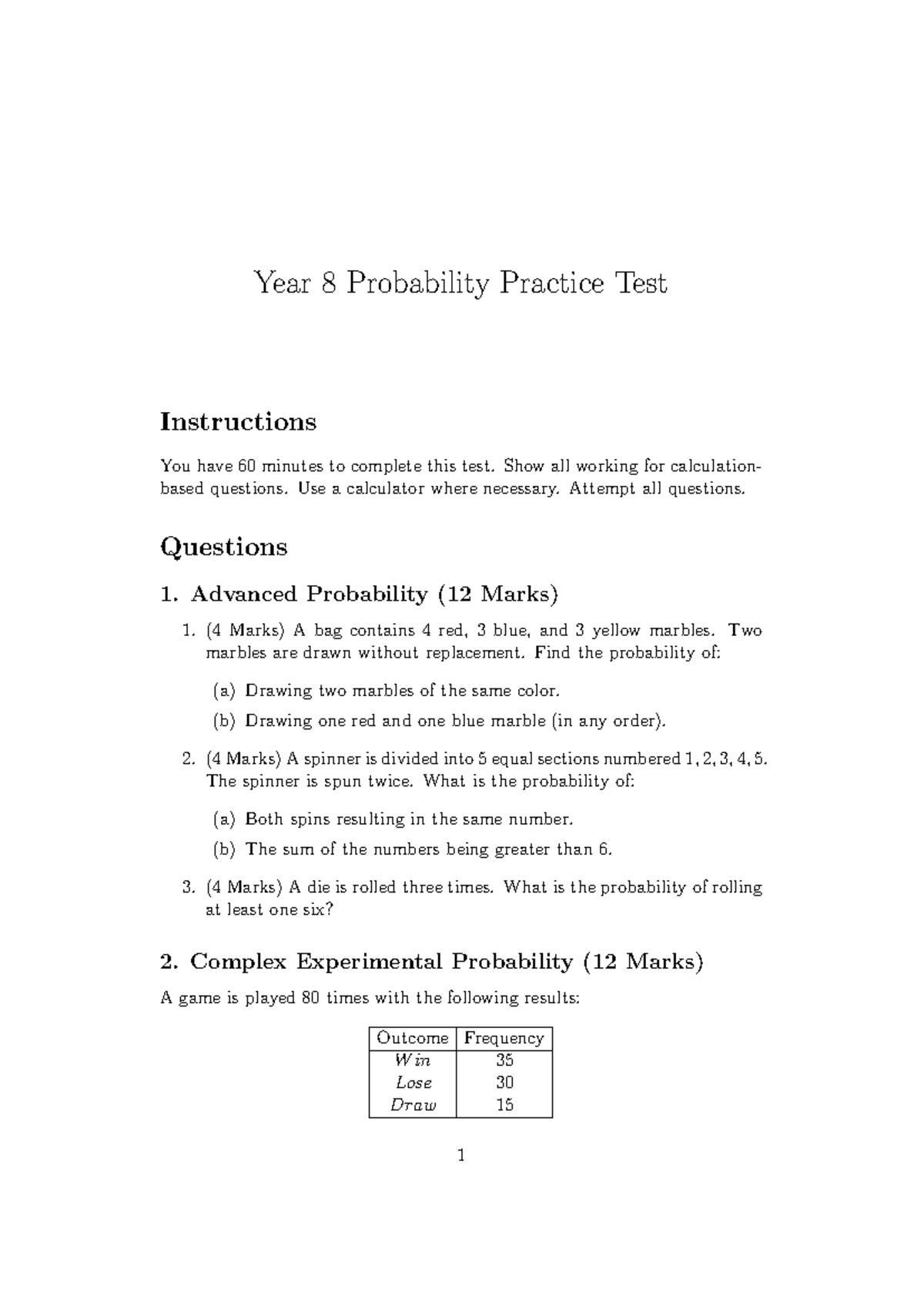 Exam 4 - Good practice - Year 8 Probability Practice Test Instructions ...