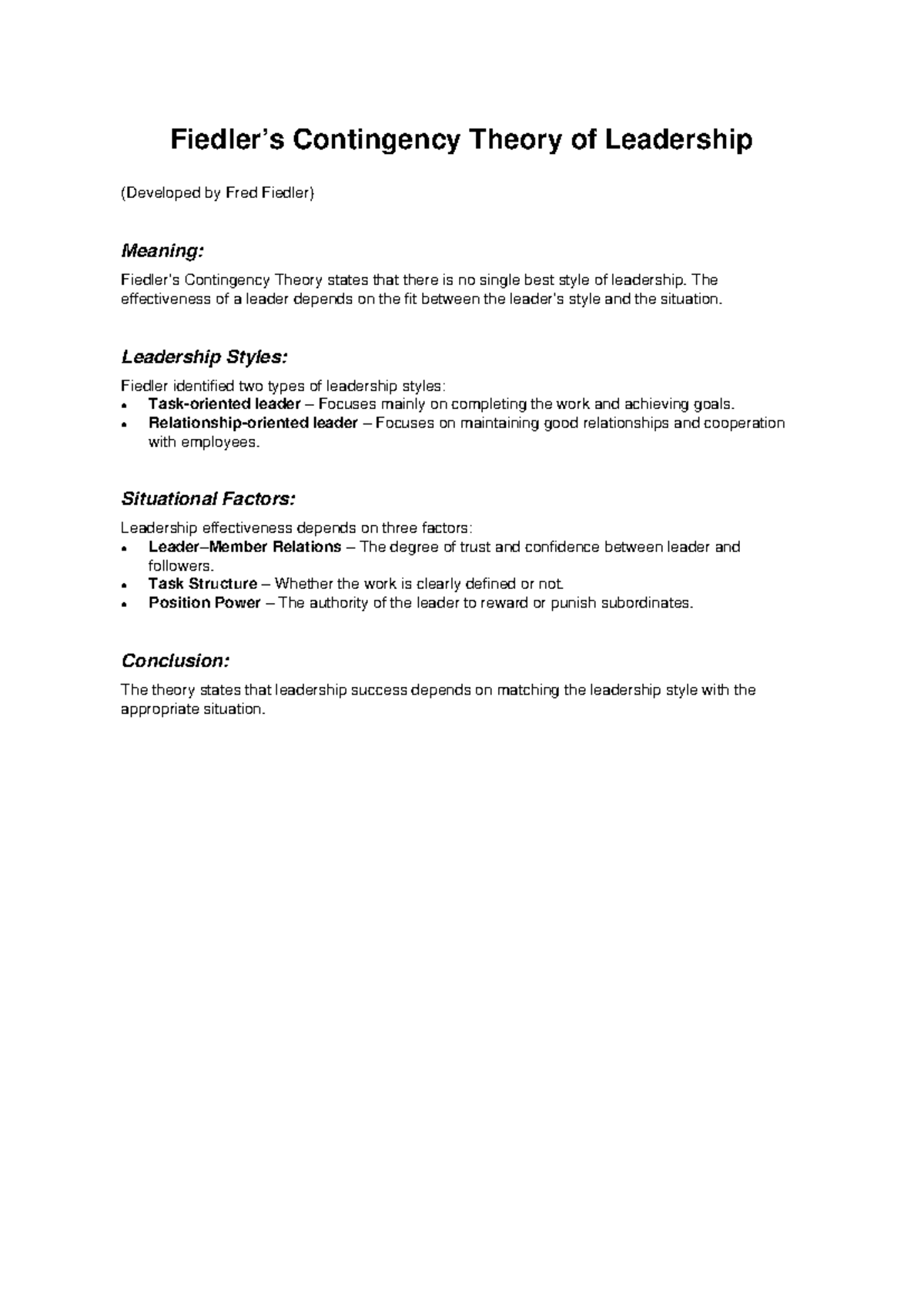 Fiedler's Contingency Theory of Leadership Explained - Studocu