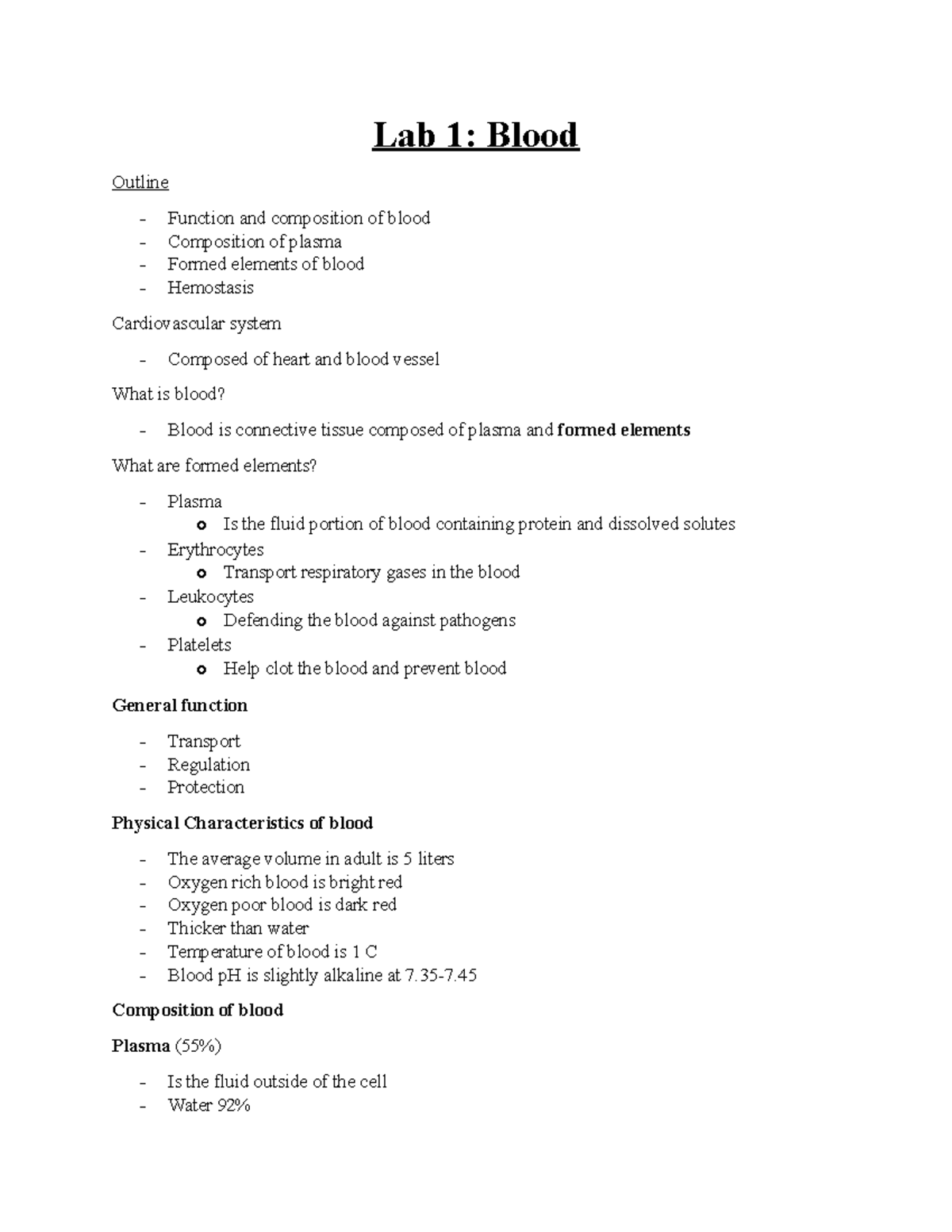 Lab 1 - lab 1 - Lab 1: Blood Outline - Function and composition of ...