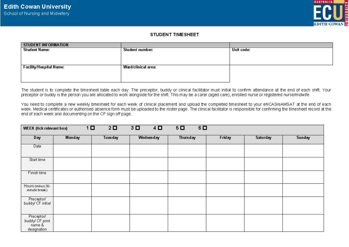 ECU Nursing & Midwifery Clinical Placement Timesheet Guide - Studocu
