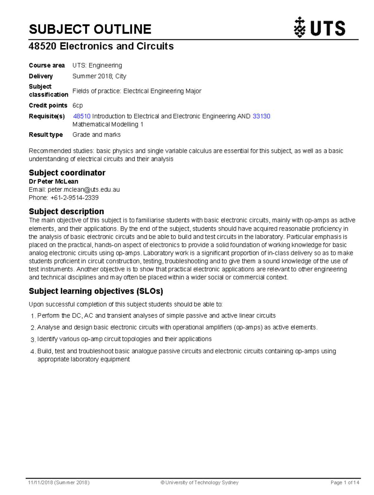 48520 Electronics and Circuits - Summer Subject Outline - Studocu