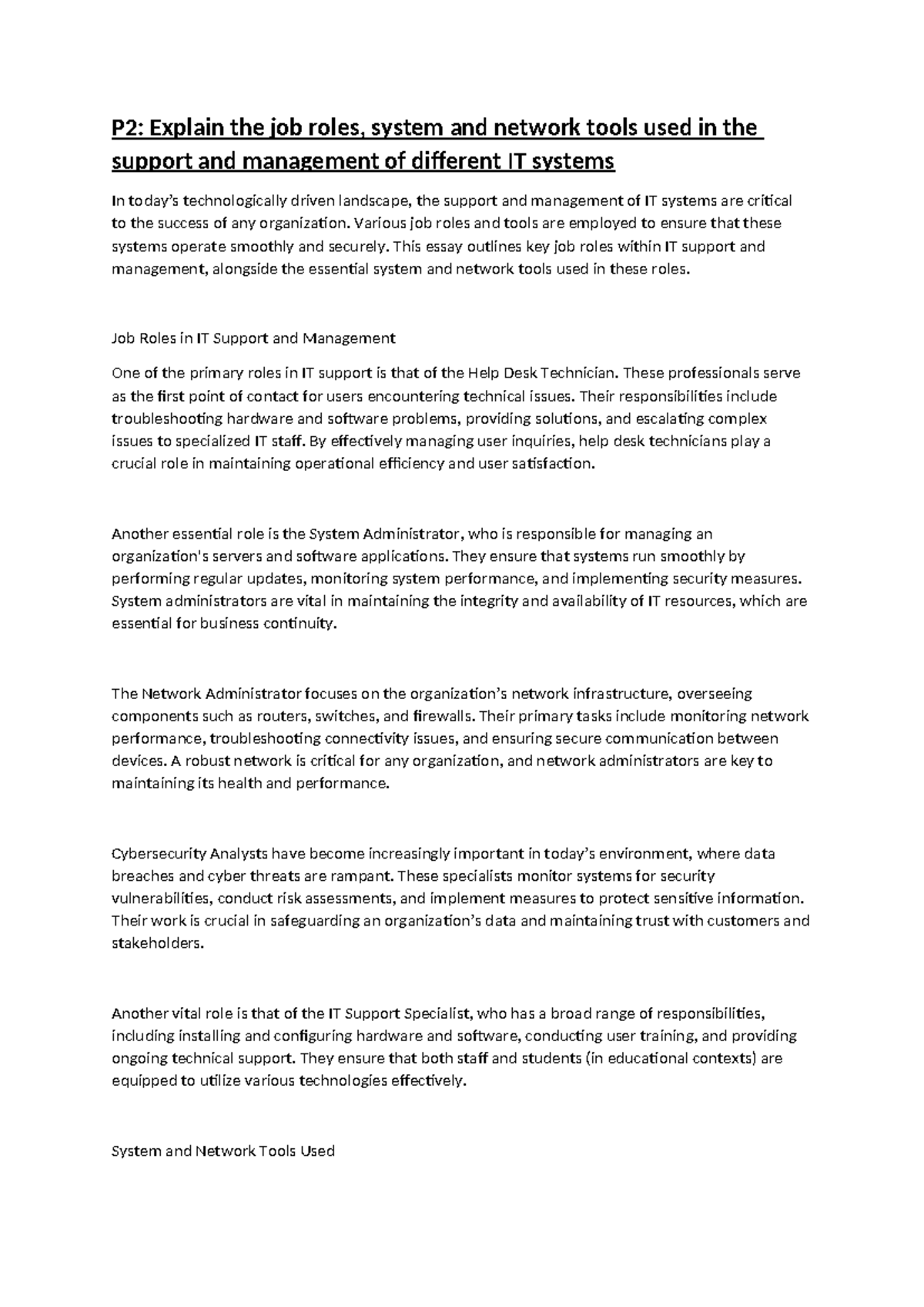 P2 - IT Support Roles and Tools for Effective System Management - Studocu