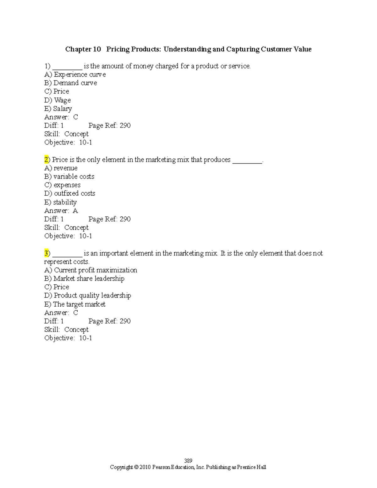 Chapter 10 Practice - Marketing Test Bank on Pricing Strategies - Studocu