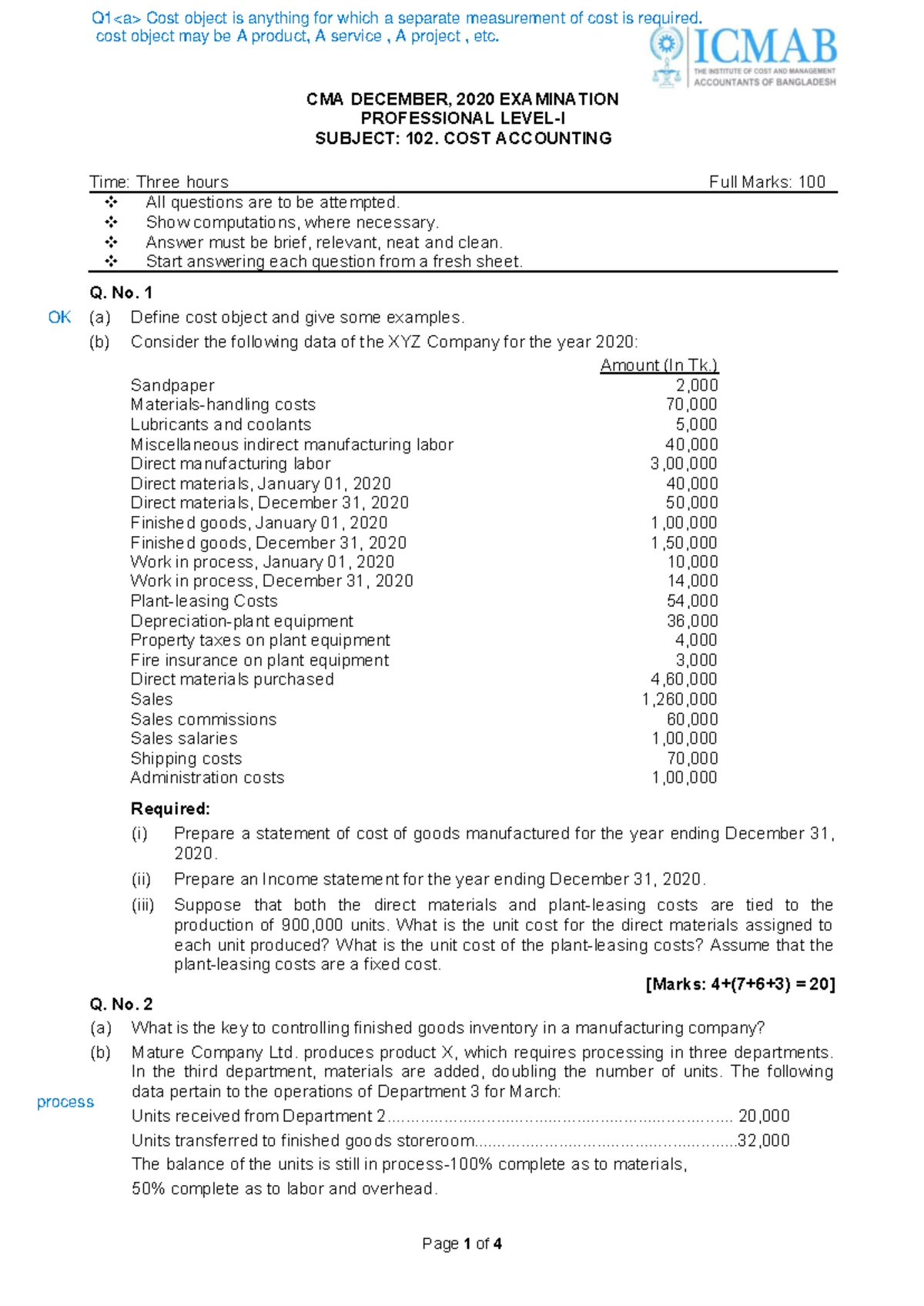 CMA January 2024 Exam: Intermediate Level I Cost Accounting (CM121 ...