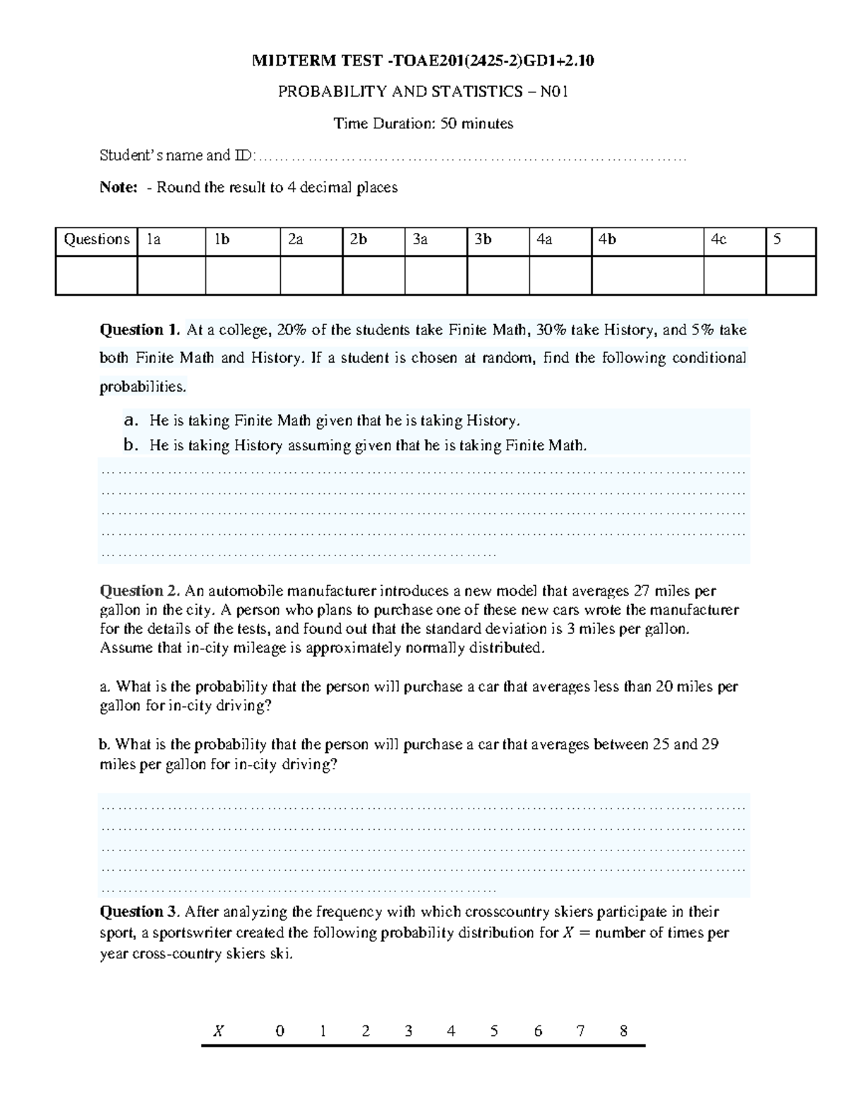 MIDTERM TEST: PROBABILITY AND STATISTICS N01 (TOAE201) - Studocu