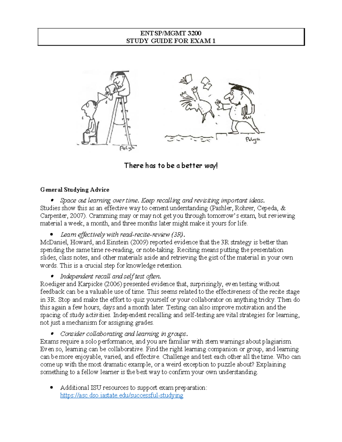ENTSP 3200 Study Guide for Exam 1 - Effective Learning Strategies - Studocu