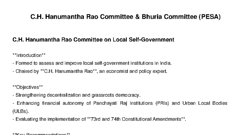 Hanumantha Rao & Bhuria Committees: Local Governance Insights - Studocu