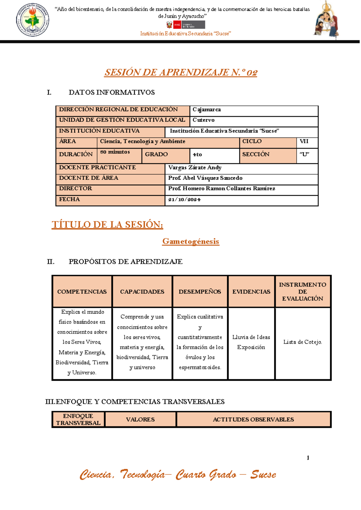 Sesi N De Aprendizaje Gametog Nesis Sucse Instituci N Educativa