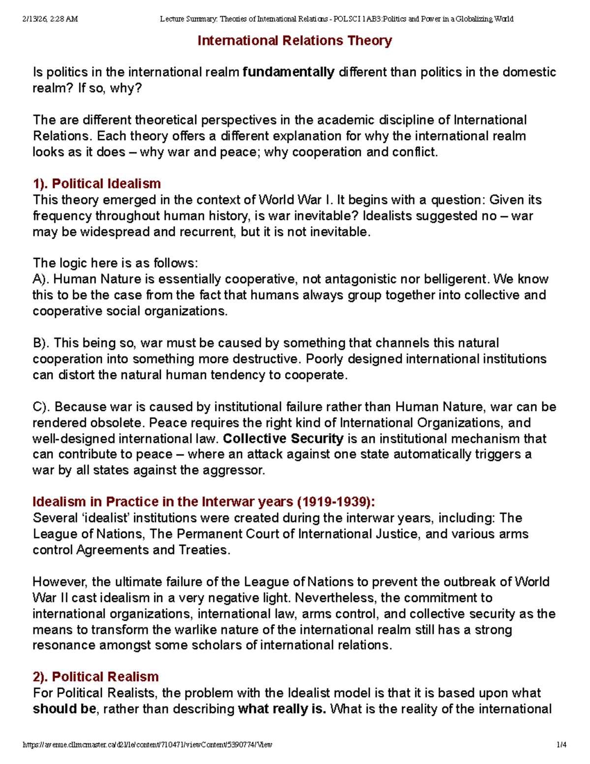 POLSCI 1AB3 Lecture Summary: Theories of International Relations - Studocu