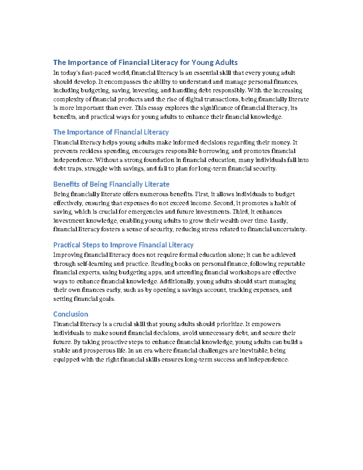 FINC 101: The Importance of Financial Literacy for Young Adults Essay ...