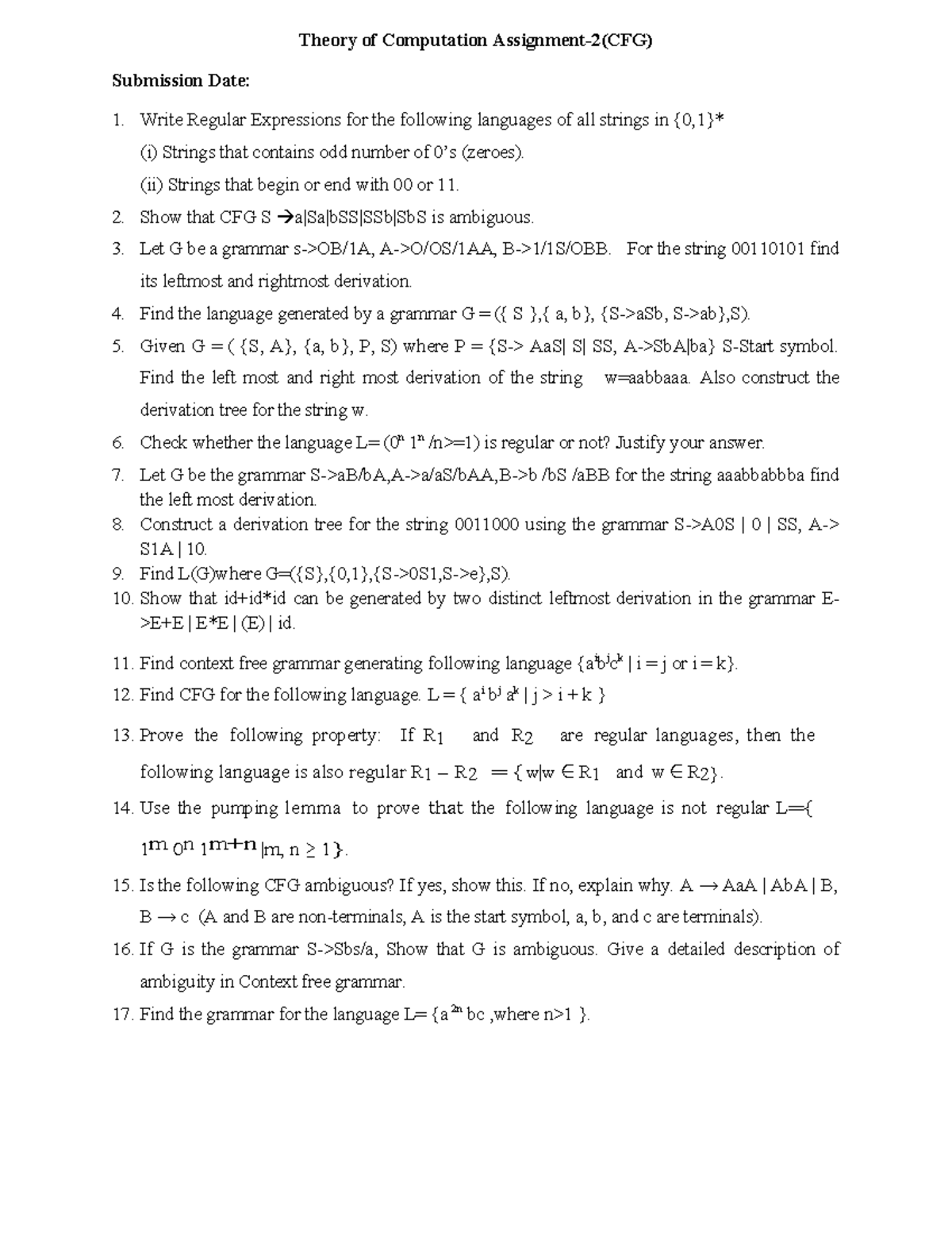 Assignment 2: Theory of Computation - CFG Analysis and Derivations ...